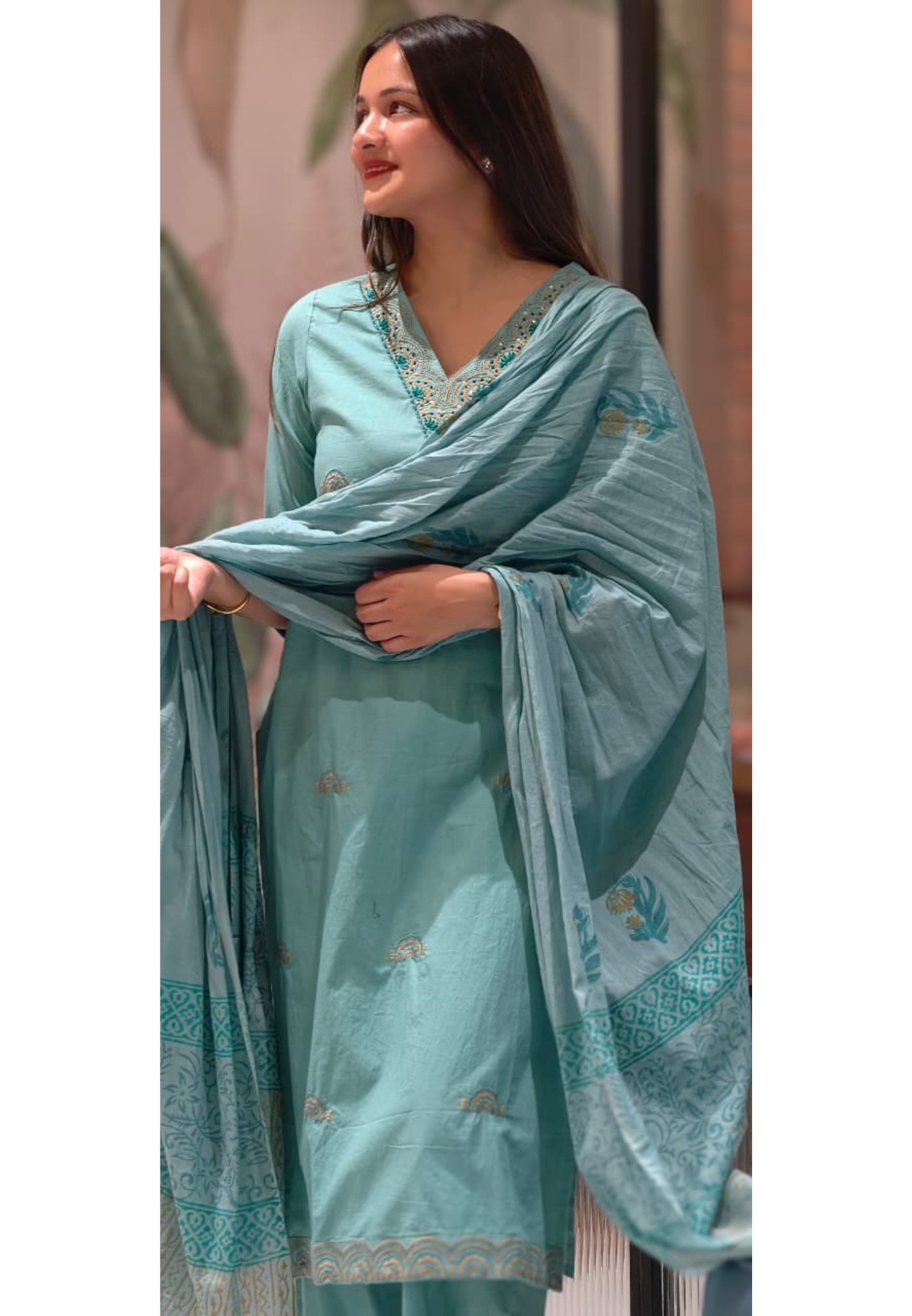 Aqua Elegance Embroidered Full Suit Set With Printed Dupatta In Cotton Fabric- 13454