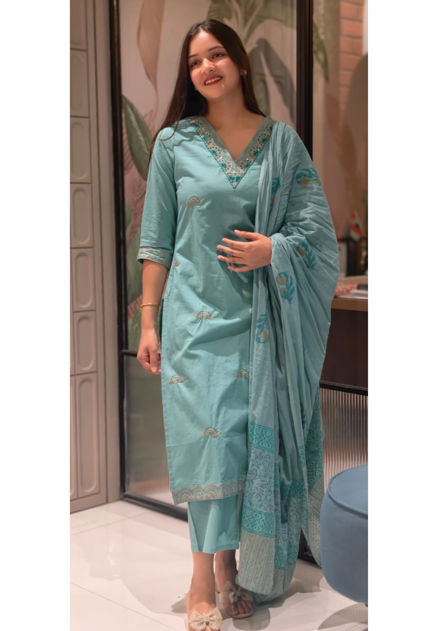 Aqua Elegance Embroidered Full Suit Set With Printed Dupatta In Cotton Fabric- 13454
