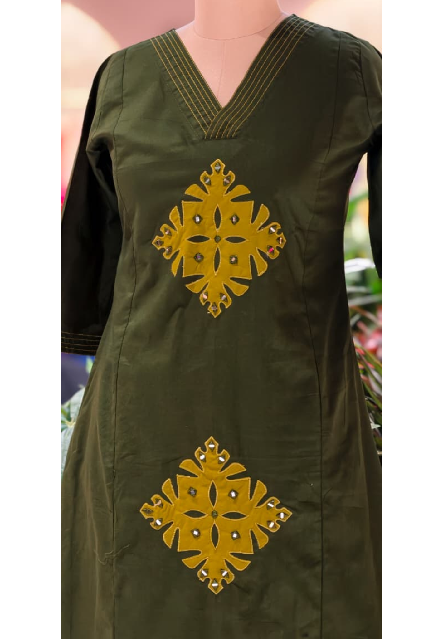 Smart Embroidery Pleated V-Neck A-Line Cotton Kurta Pant Set- 13549