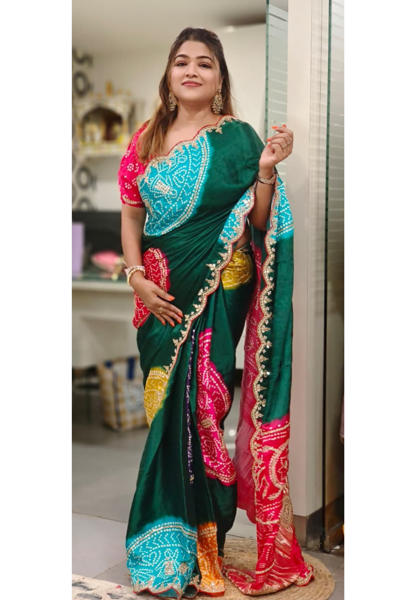 Rajasthani Vibe Dancing Figure Gotta Work Colorful Bandhej Saree With Unstitched Blouse