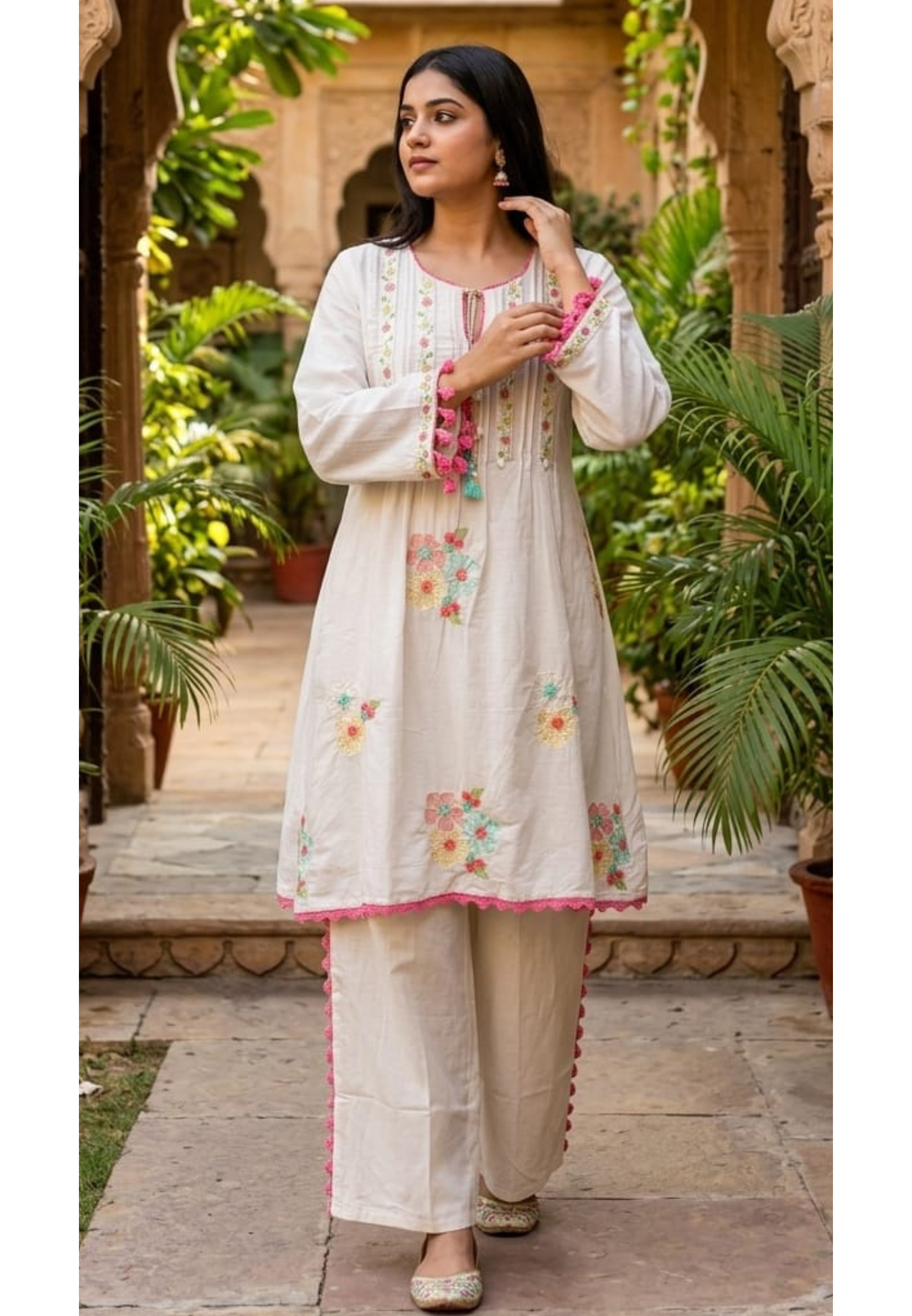 Pastel Mul Cotton A-Line Kurta Pant Set with Pastel Floral Embroidery & Tassel Detailing- 14866