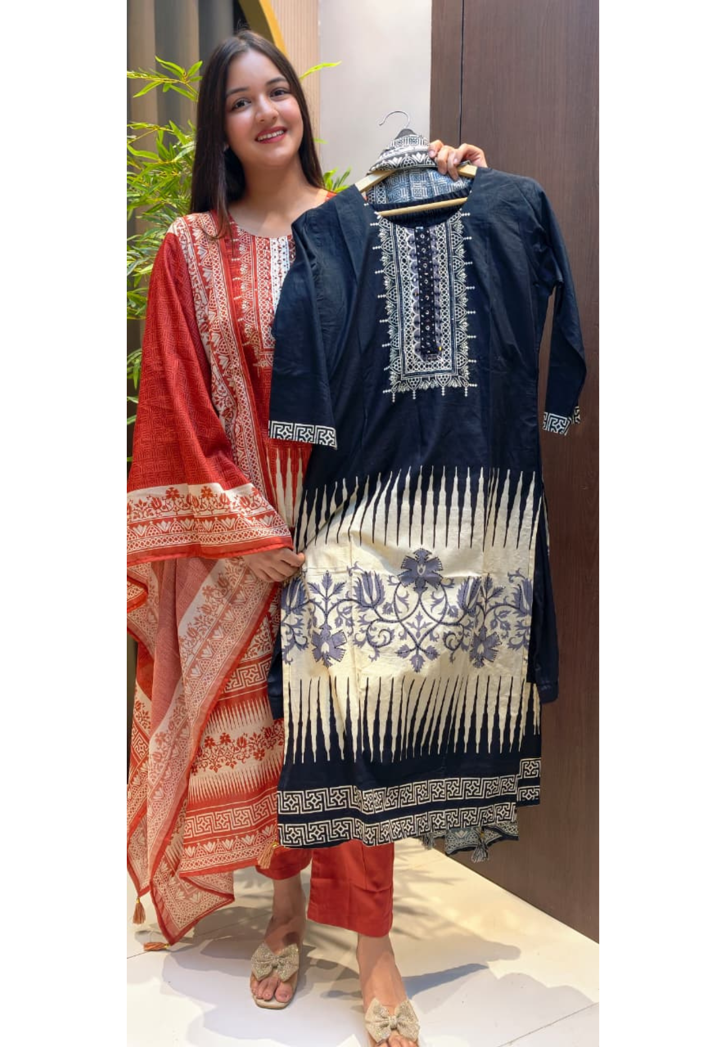 Unique Prints Minimal Neck Lined Yoke Cotton Full Suit Set With Dupatta- 13511