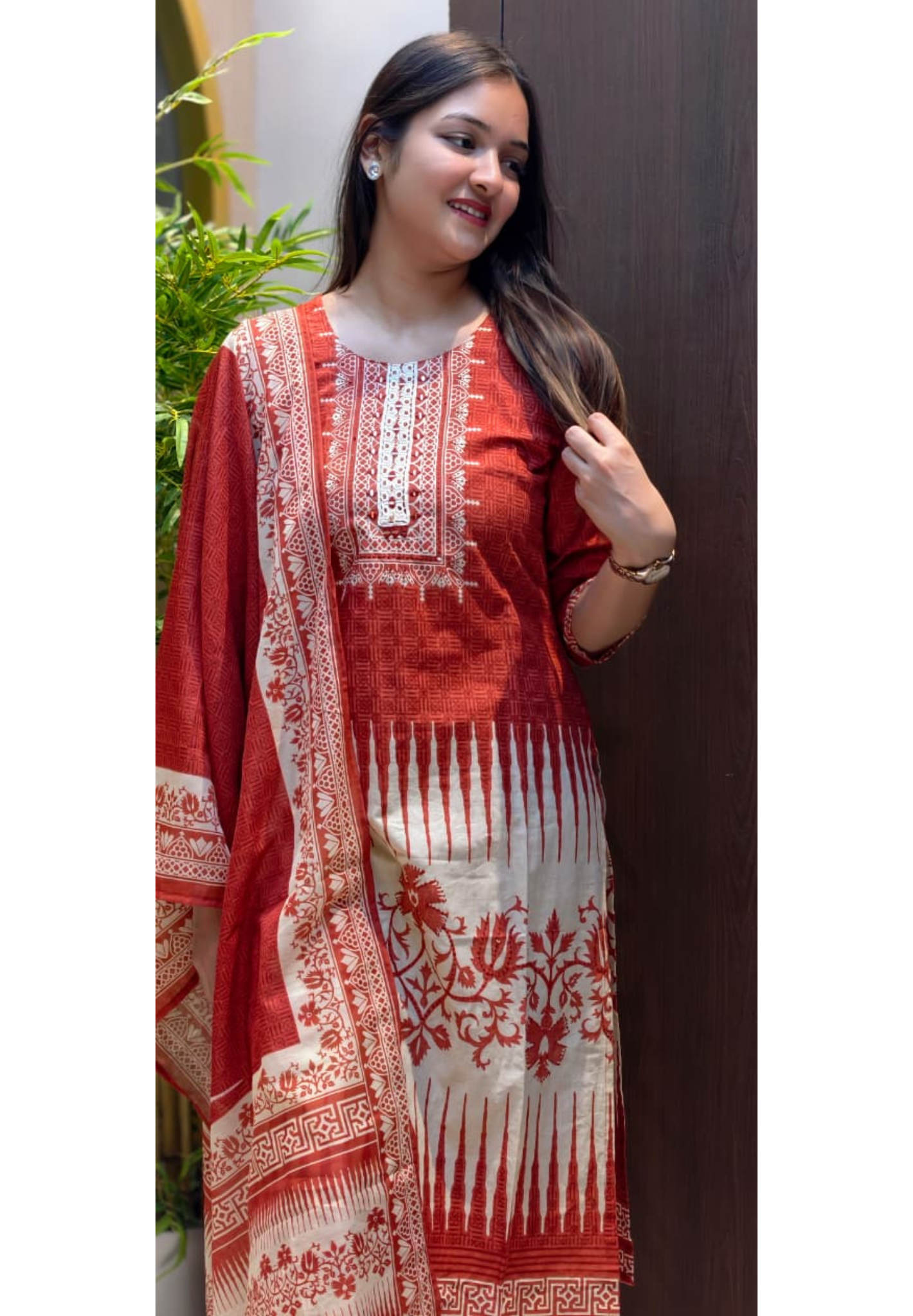 Unique Prints Minimal Neck Lined Yoke Cotton Full Suit Set With Dupatta- 13511