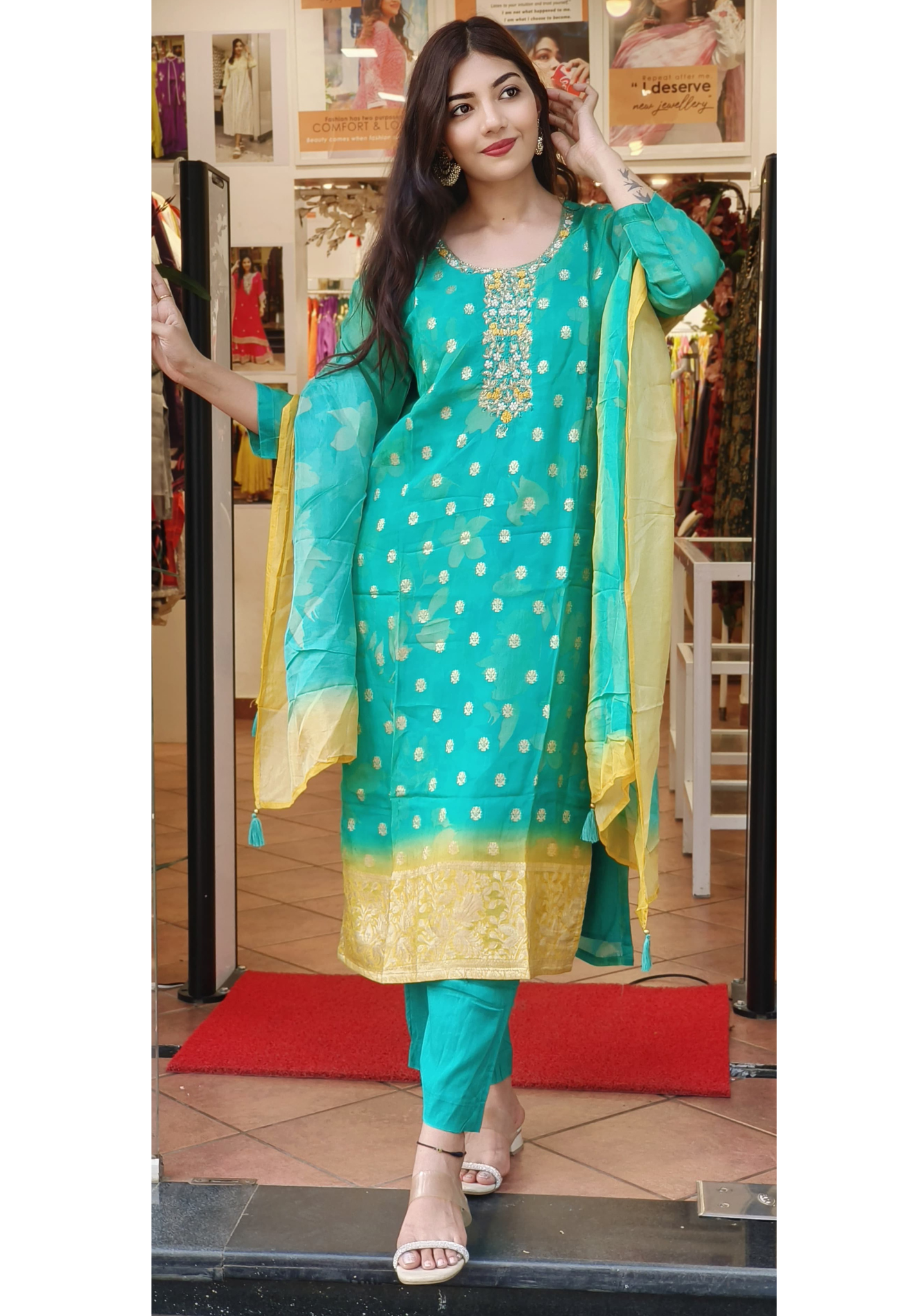 Rama Green Double-Tone Banarasi Organza Full Suit Set with Intricate Hand Embroidery With Self Print Organza Dupatta DRYWASH DISPATCHING WILL BE FROM MONDAY
