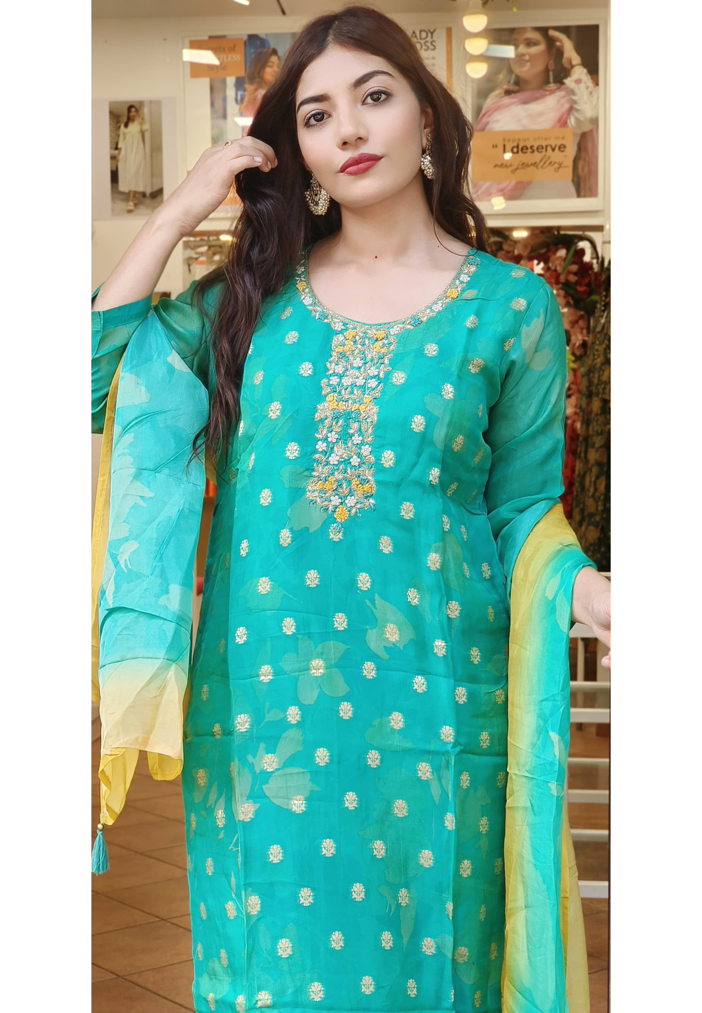 Rama Green Double-Tone Banarasi Organza Full Suit Set with Intricate Hand Embroidery With Self Print Organza Dupatta DRYWASH DISPATCHING WILL BE FROM MONDAY