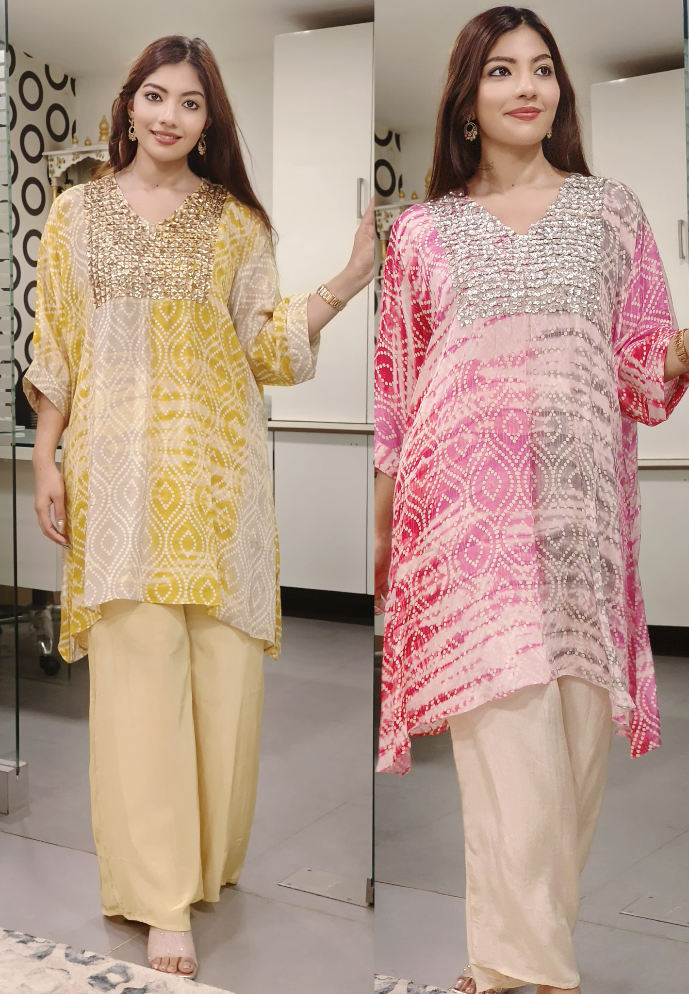 Bandani Print Pure Crepe embroidered Over Size Style Kaftan With Bottom-09929,09928