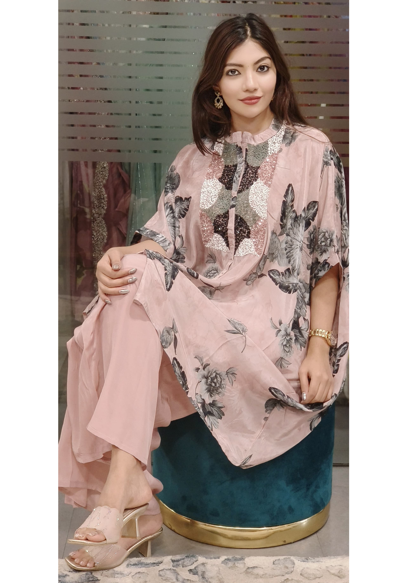 Printed Pure Crepe Sequence Work Over size kaftan with Bottom-09926
