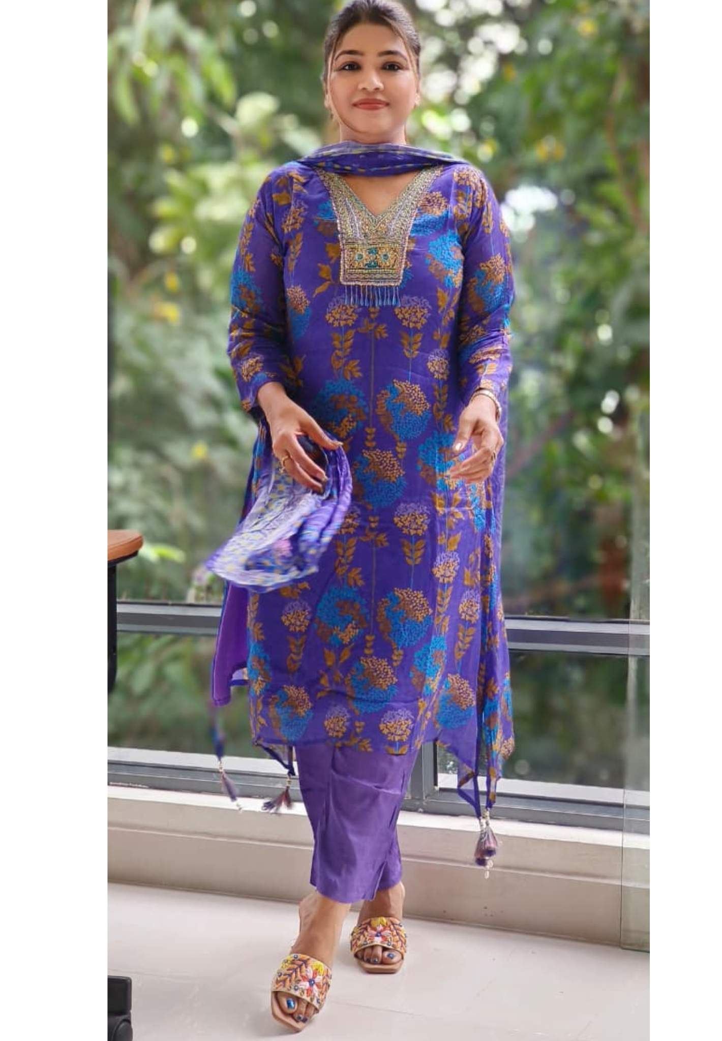 Elegant Chinon Fabric High Low Kurta with Embroidered Neckline and Work Detailing and Dupatta-12405