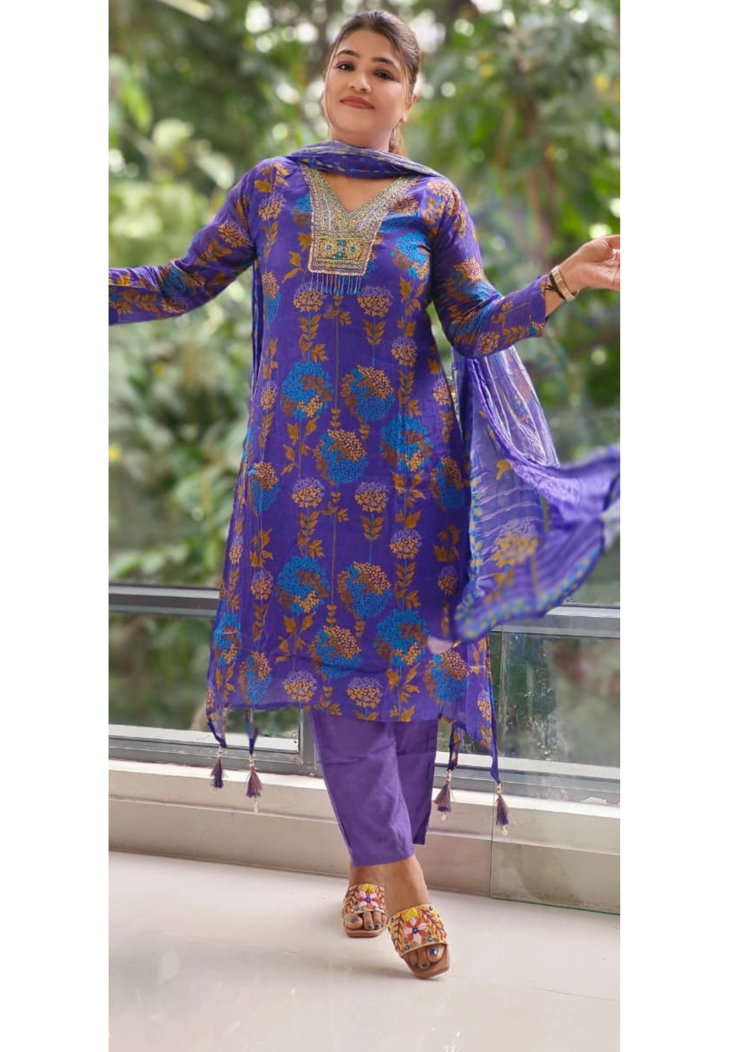 Elegant Chinon Fabric High Low Kurta with Embroidered Neckline and Work Detailing and Dupatta-12405