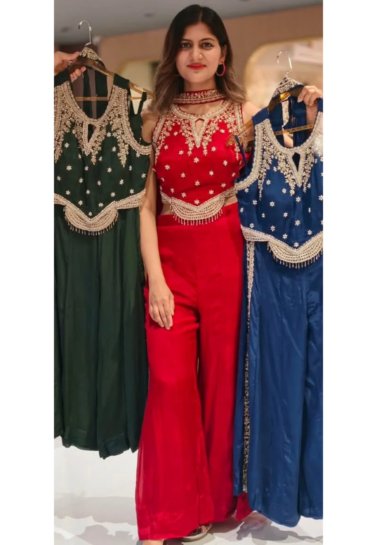 Heavy Hand-Embroidery Intricate Detailing Crop-Top With Flared Palazzo Bottom & Chowker Dupatta- 16821