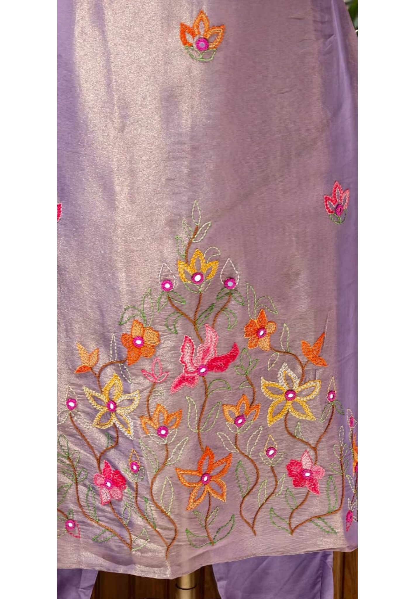 Grand Floral Katha Stich Thread Embroidery A-Line Full Suit Set With Dupatta In Tissue Fabric- 13451