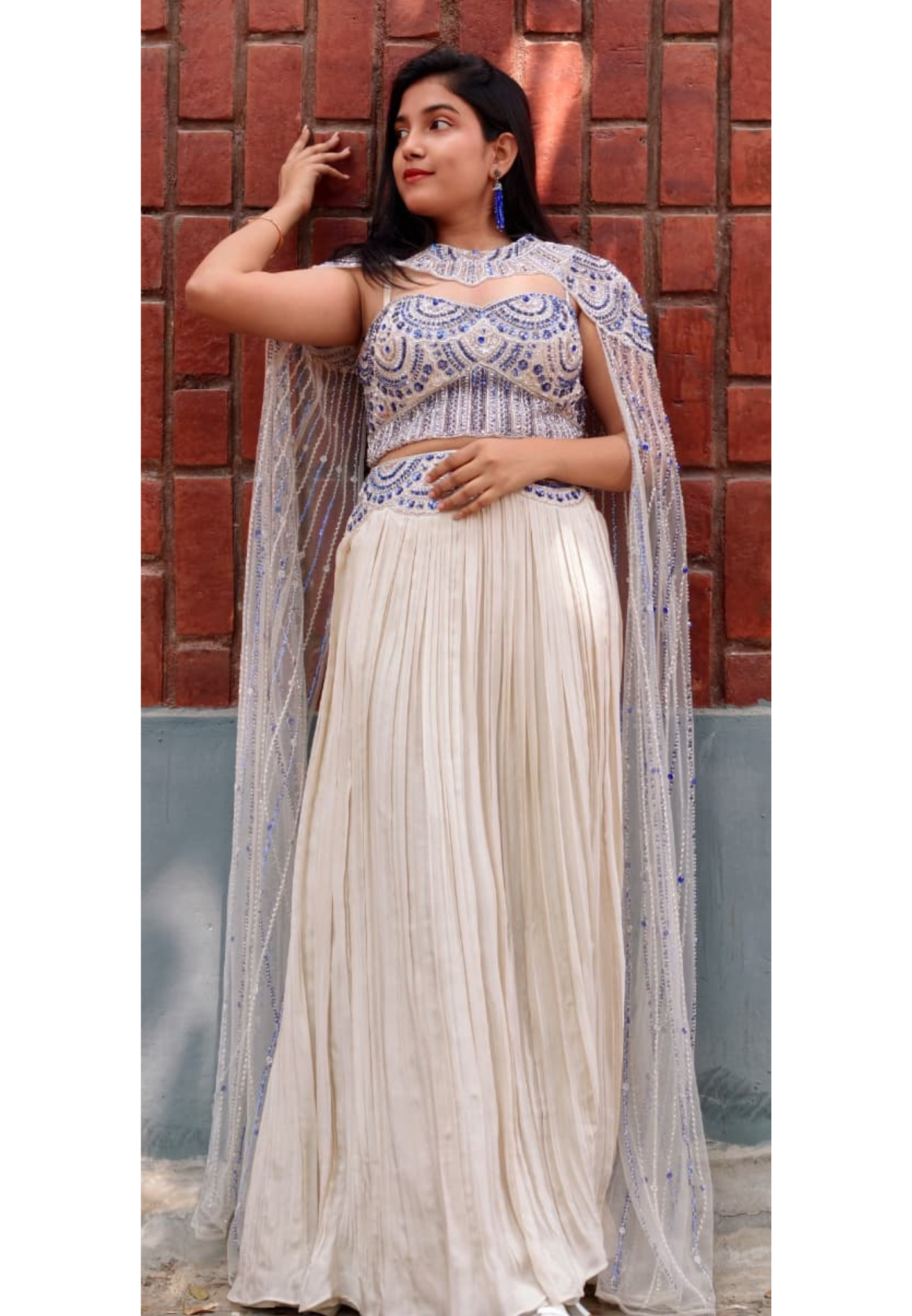 Royal Blue Crystallex Sequin Embellished Handwork Crop-Top With Skirt & Heavy Majestic Cape