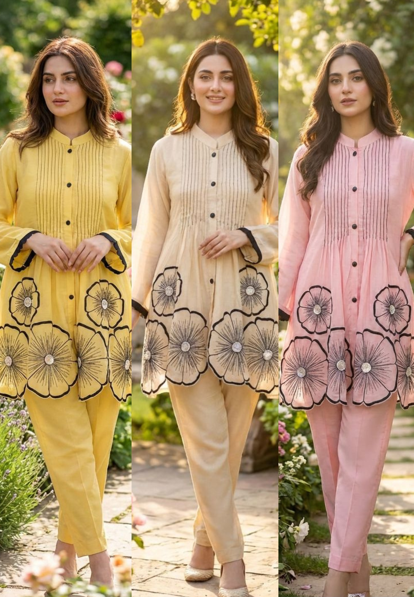 3D Floral Patch Look Pleated Front Design Matching Co-Ord Set In Organza Fabric-13612