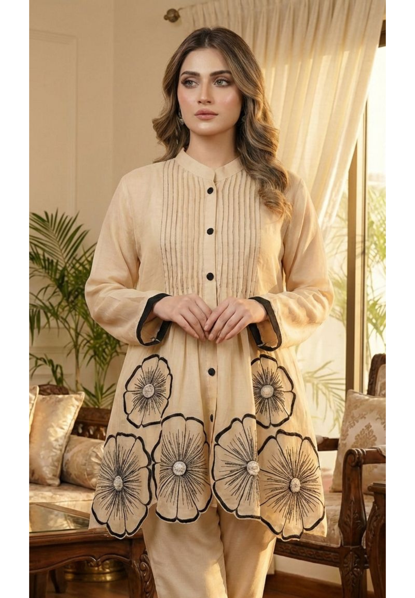 3D Floral Patch Look Pleated Front Design Matching Co-Ord Set In Organza Fabric-13612