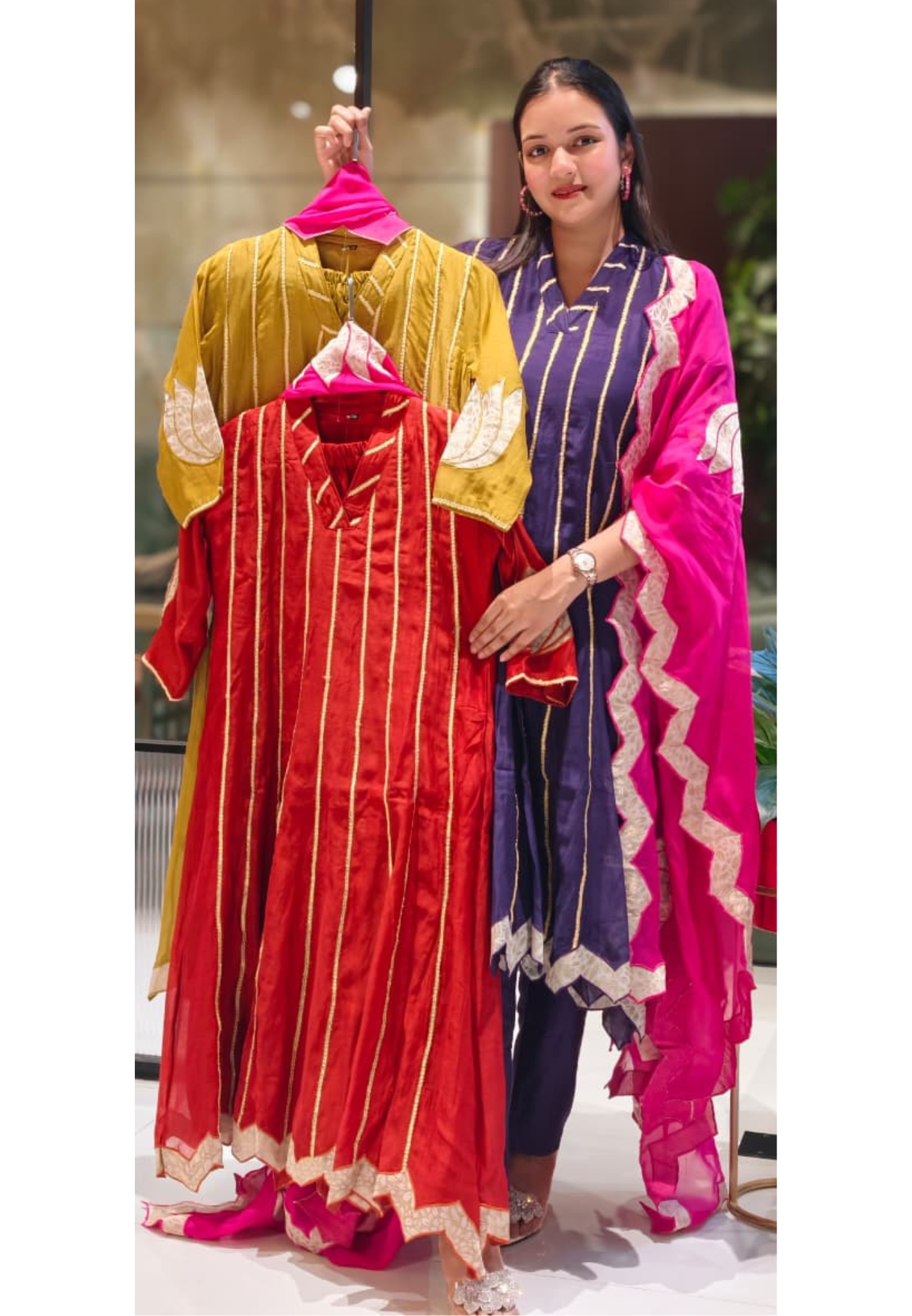 Golden Trimmed Lace Lined Embroidered Panel Anarkali Full Suit Set With Dupatta In Mul Chanderi Fabric- 13581