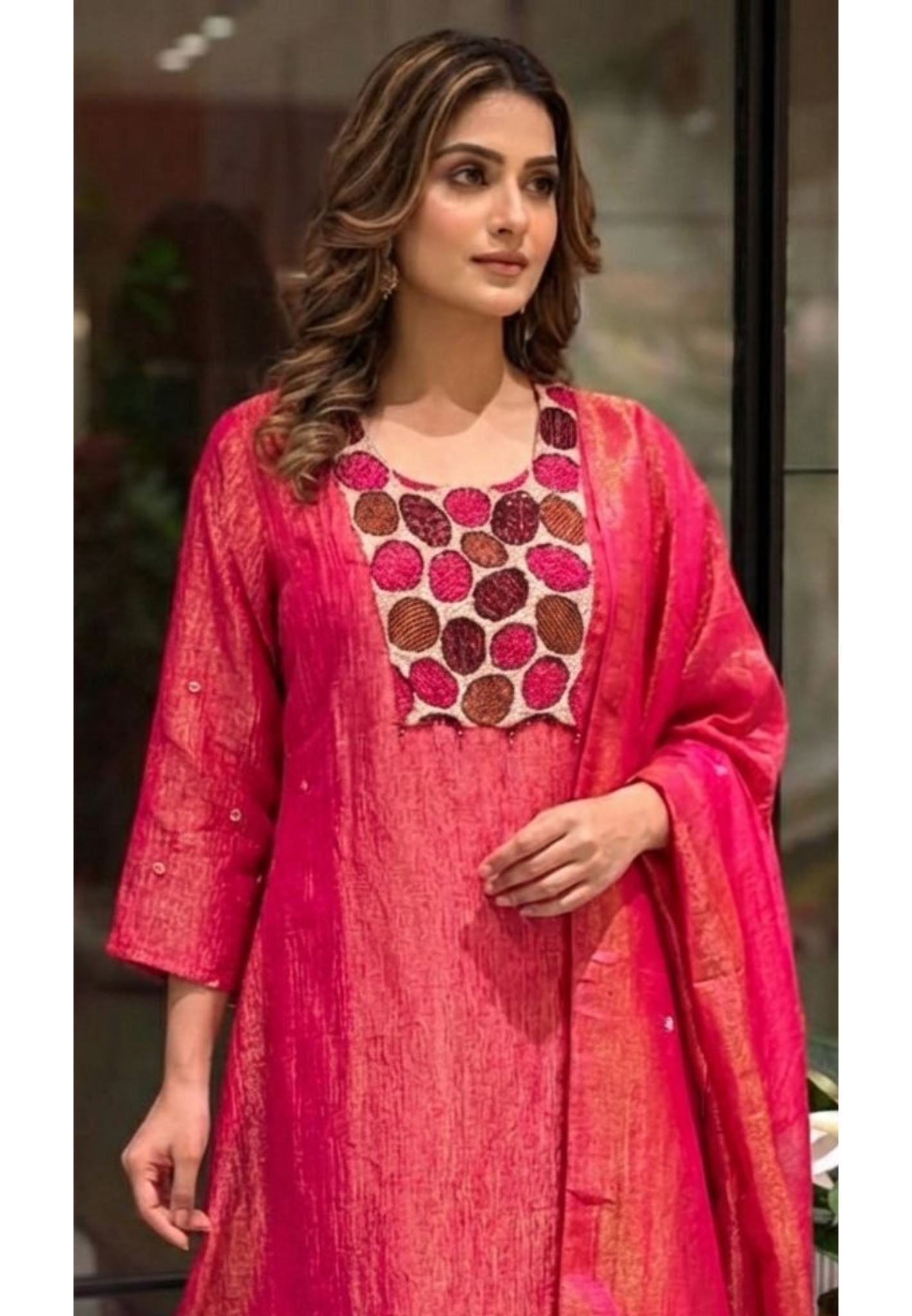 Very Unique Sequin Yoke Crush Elegance Tissue A-Line Full Suit Set With Dupatta- 13606