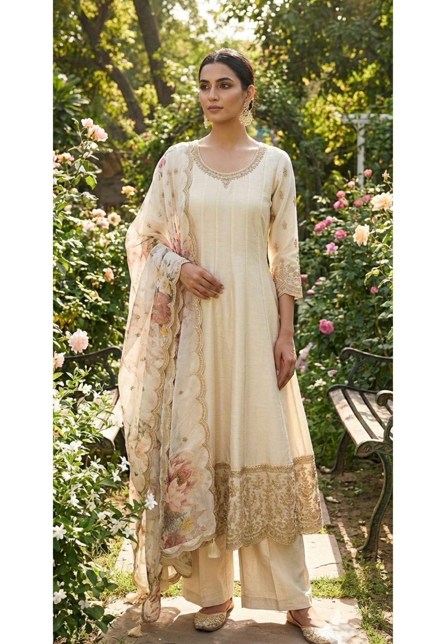 Pure Zardosi Fine Embroidery Panel Anarkali Full Suit Set With Floral Printed Dupatta In Silk Fabric- 13604