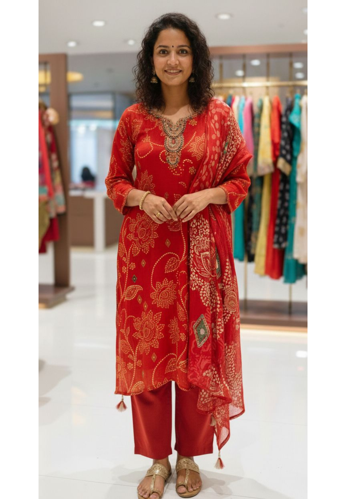 Amber Neck Line Dotted Floral Print A-Line Bright Full Suit Set With Dupatta In Chinon Fabric- 13445