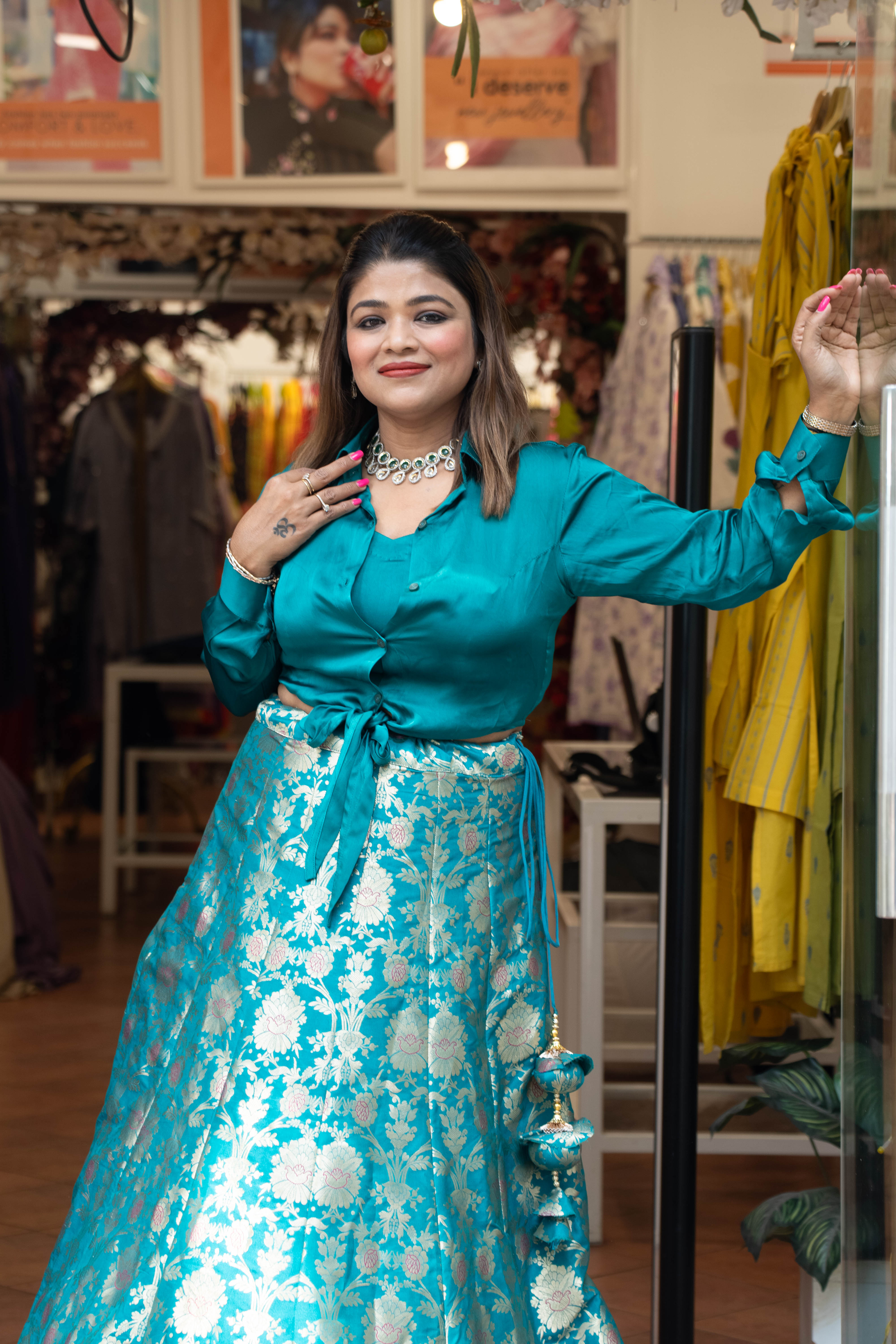 Satin Knot-Style Indo-Western Shirt Paired with Banarasi Skirt DRY WASH-ONLY ON ORDERS DISPATCHING AFTER 30 DAYS