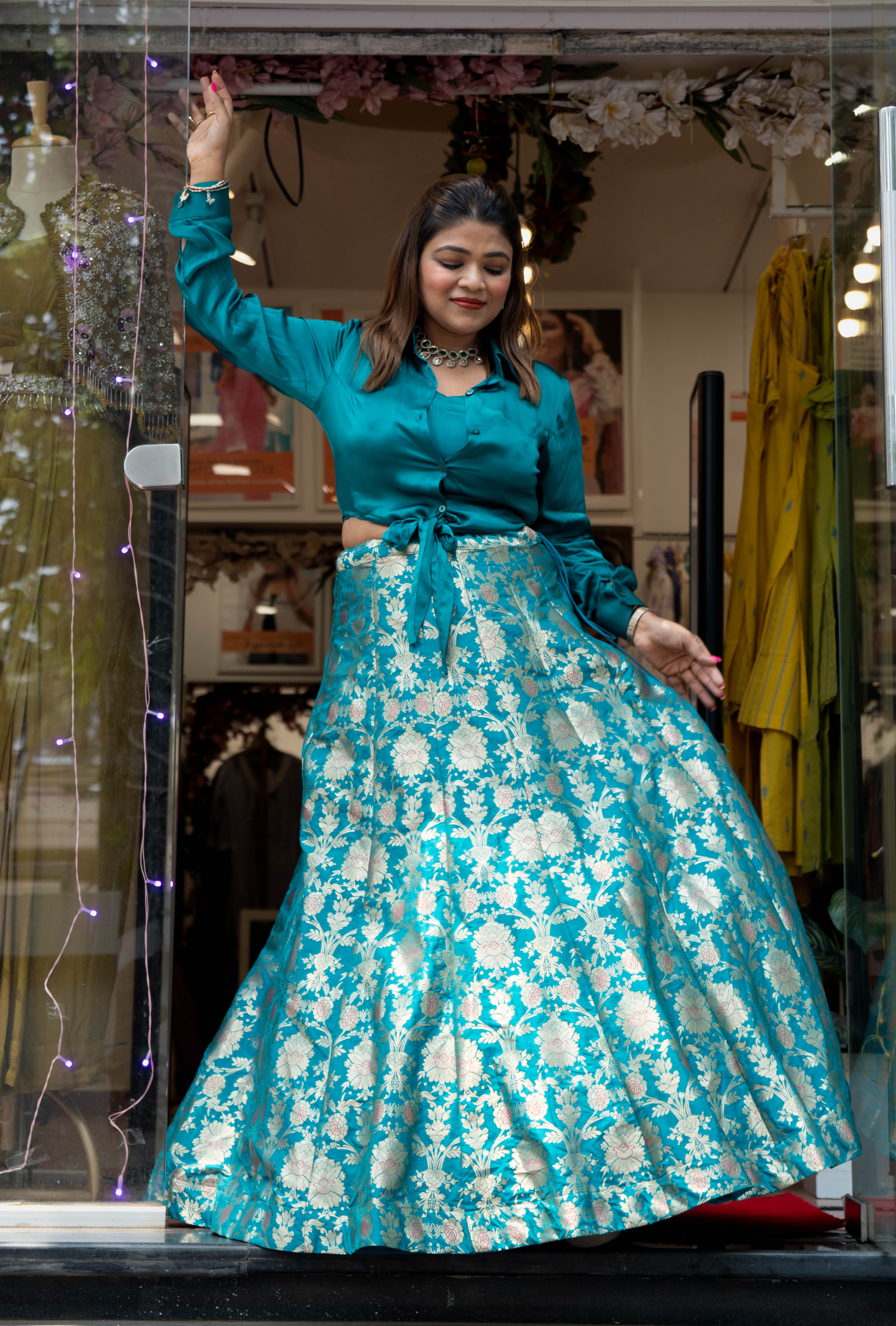 Satin Knot-Style Indo-Western Shirt Paired with Banarasi Skirt DRY WASH-ONLY ON ORDERS DISPATCHING AFTER 30 DAYS