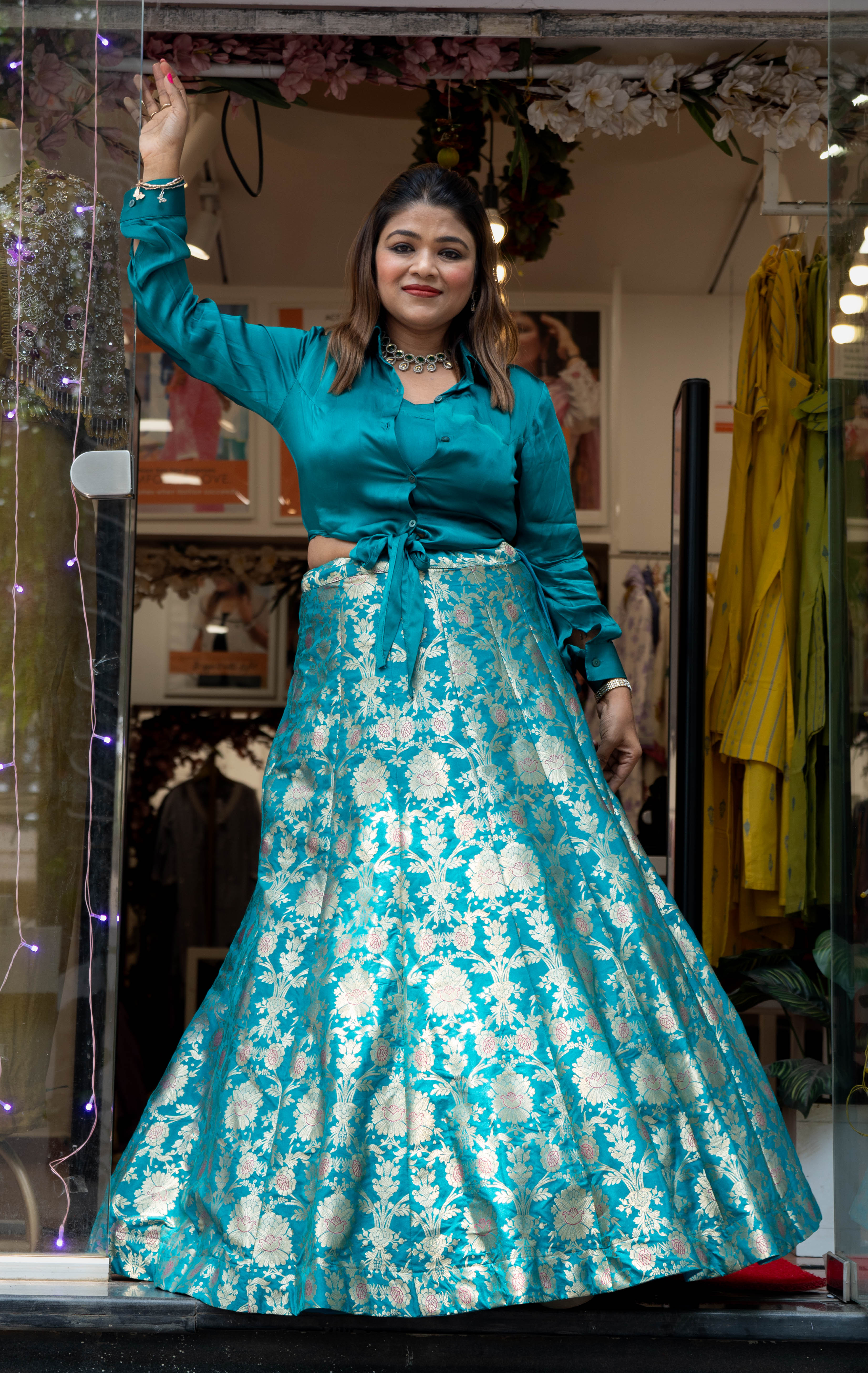 Satin Knot-Style Indo-Western Shirt Paired with Banarasi Skirt DRY WASH-ONLY ON ORDERS DISPATCHING AFTER 30 DAYS
