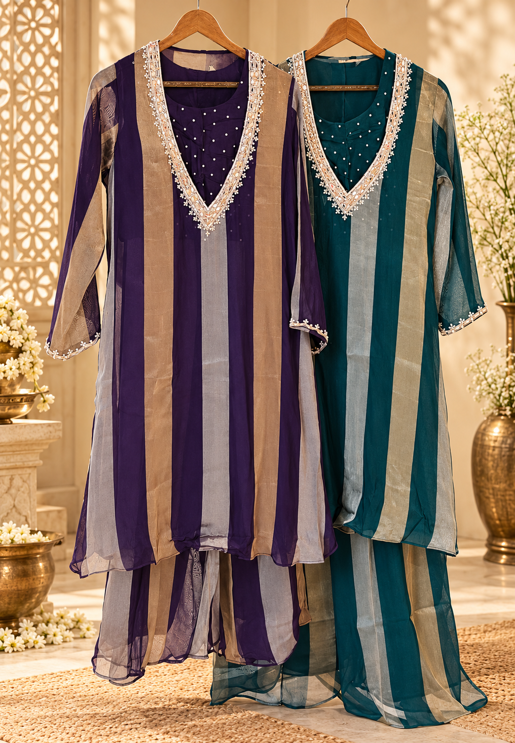 Elegant Yoke-Line Embroidered Outer Kurta With Matching Bustier & Loose Bottom- 16743