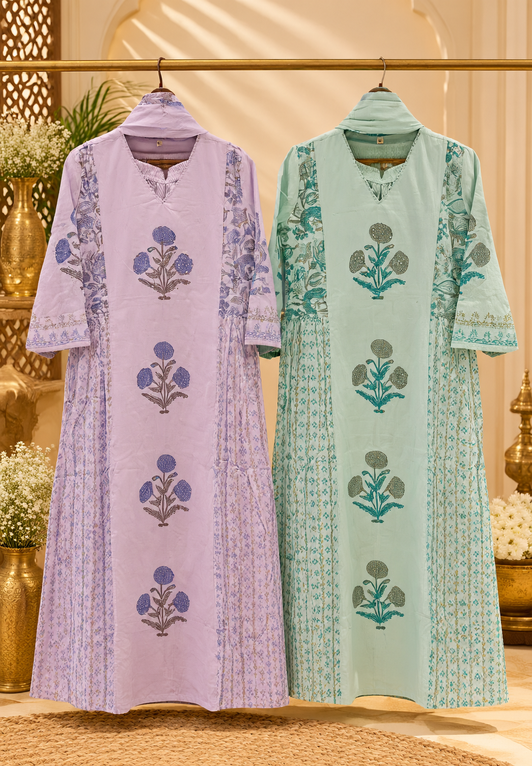 V-Neck Premium Cotton Floral Print Side Frills A-line Full Suit Set with Dupatta- 16792