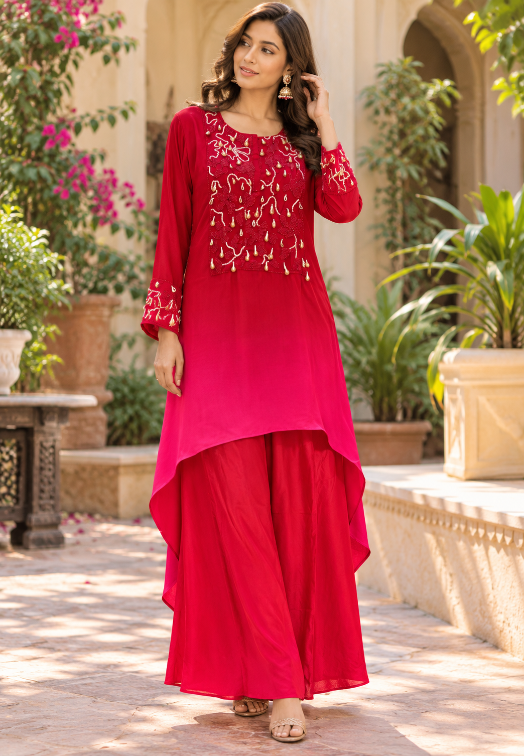 Cut-Dana Sequence Taselled Rich Yoke Flowy Crepe High-Low Matching Indo Co-Ord Set- 16931