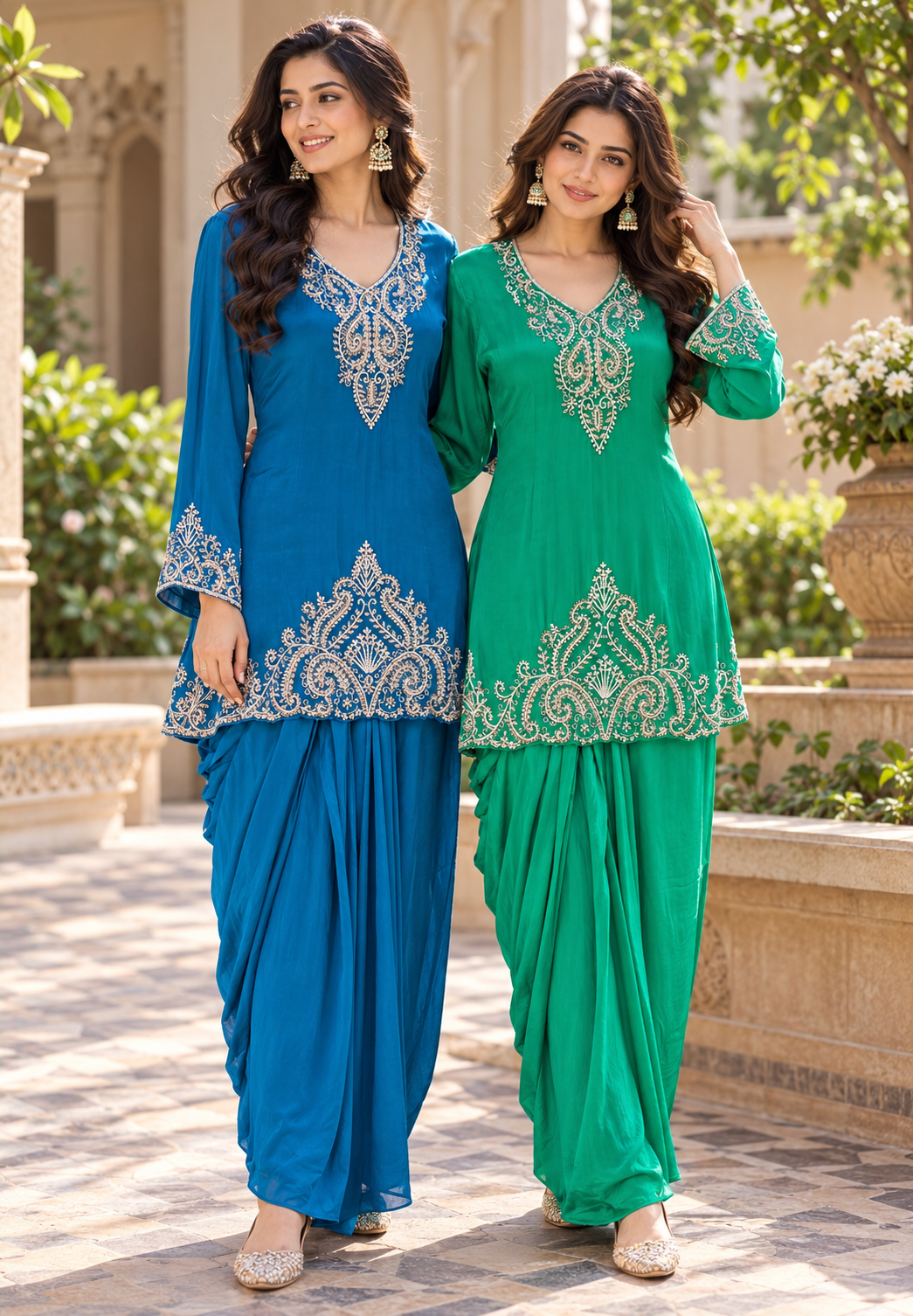 Premium Teal Blue & Emerald Green Embroidered Drape Co-Ord Saree Set with V-Neck Kurti and Intricate Silver Zari Work- 16961