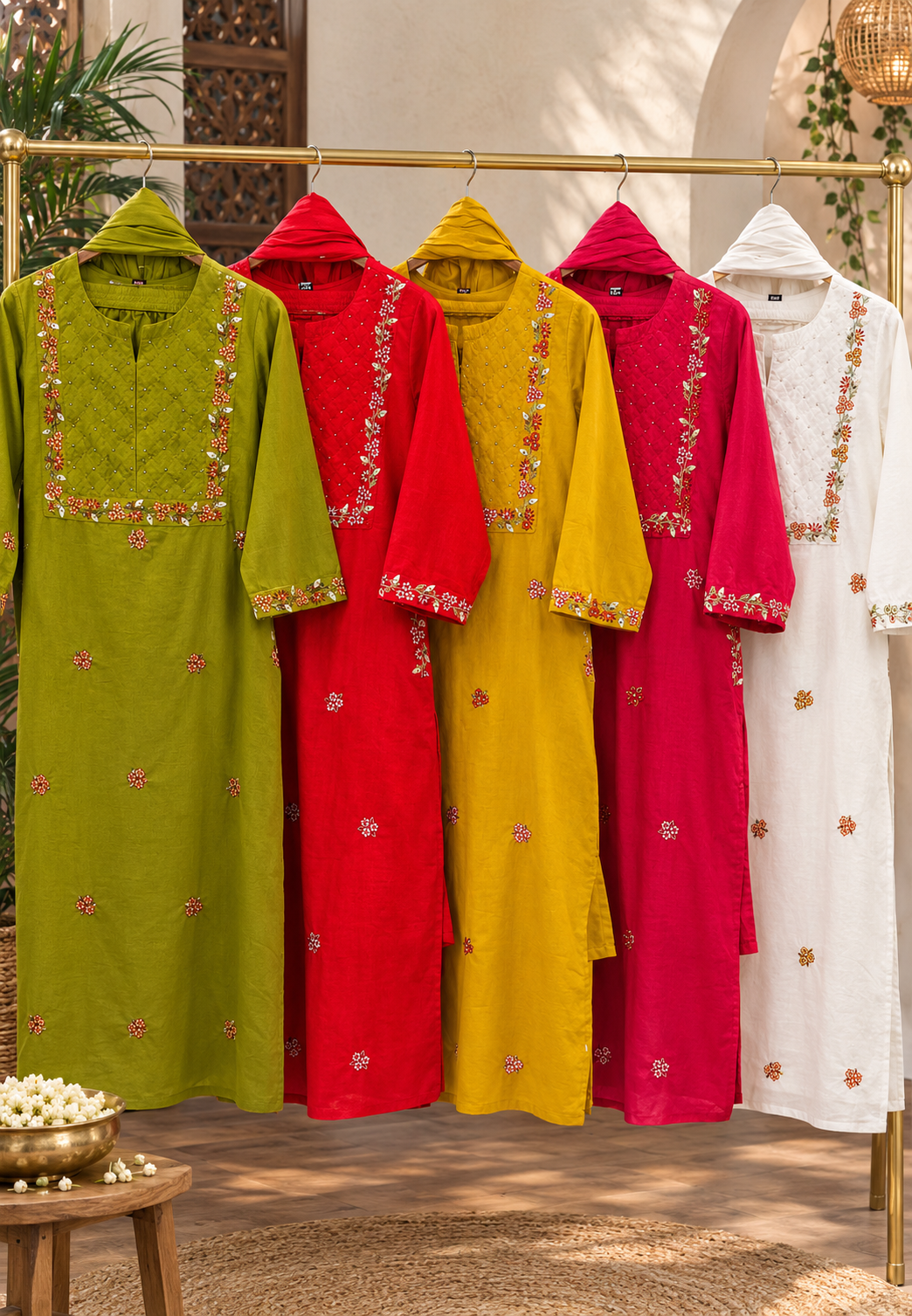 Fine Floral Embroidery Outlines Soft Cotton Matching Full Suit Set With Dupatta- 16980