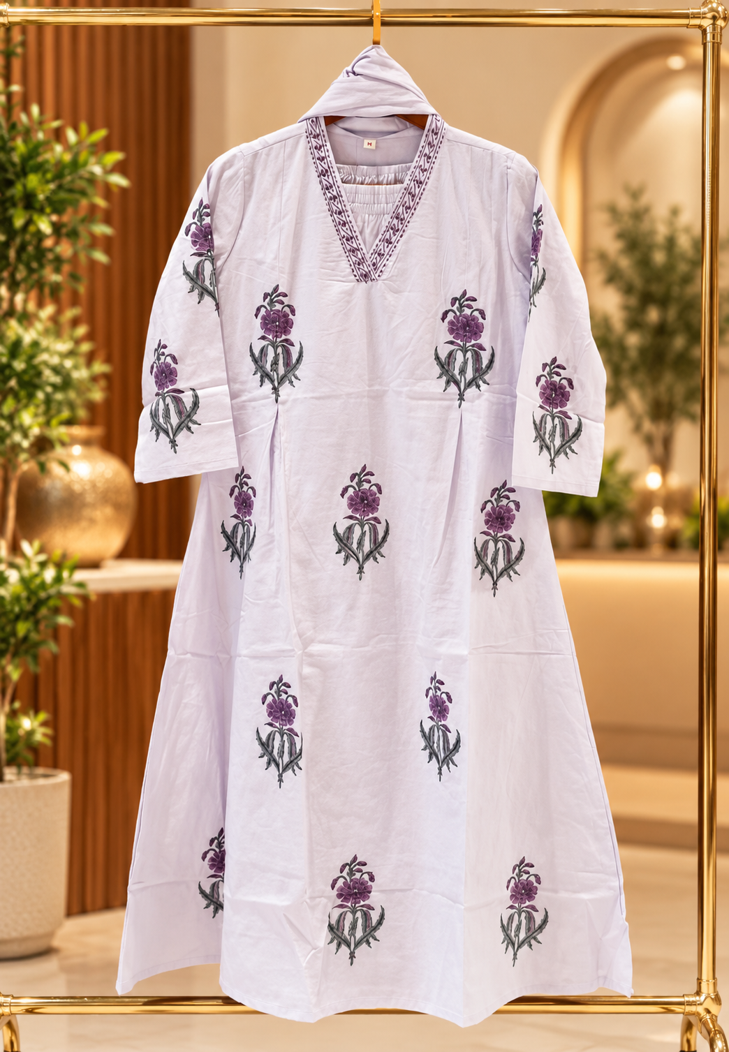 Elegant Lavender Cotton Floral Printed Aline Full Suit Set with Matching Dupatta- 16794
