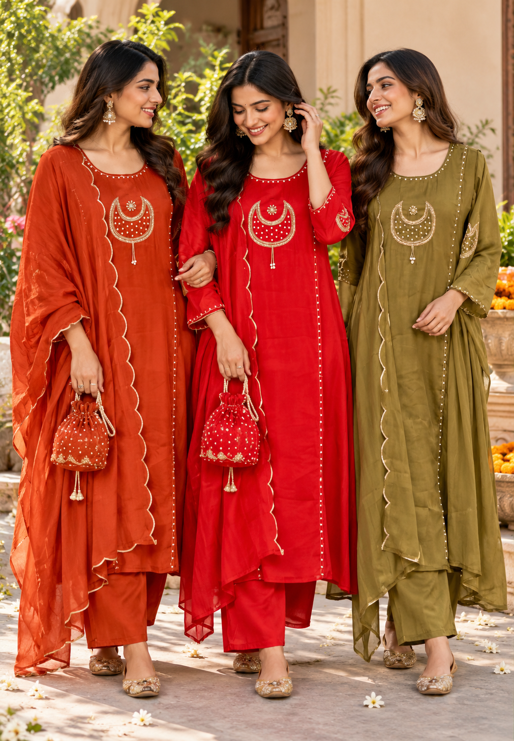 Half Phased Moon Sequin Embroidery Reddish Glow A-Line Full Suit Set With Dupatta- 16758