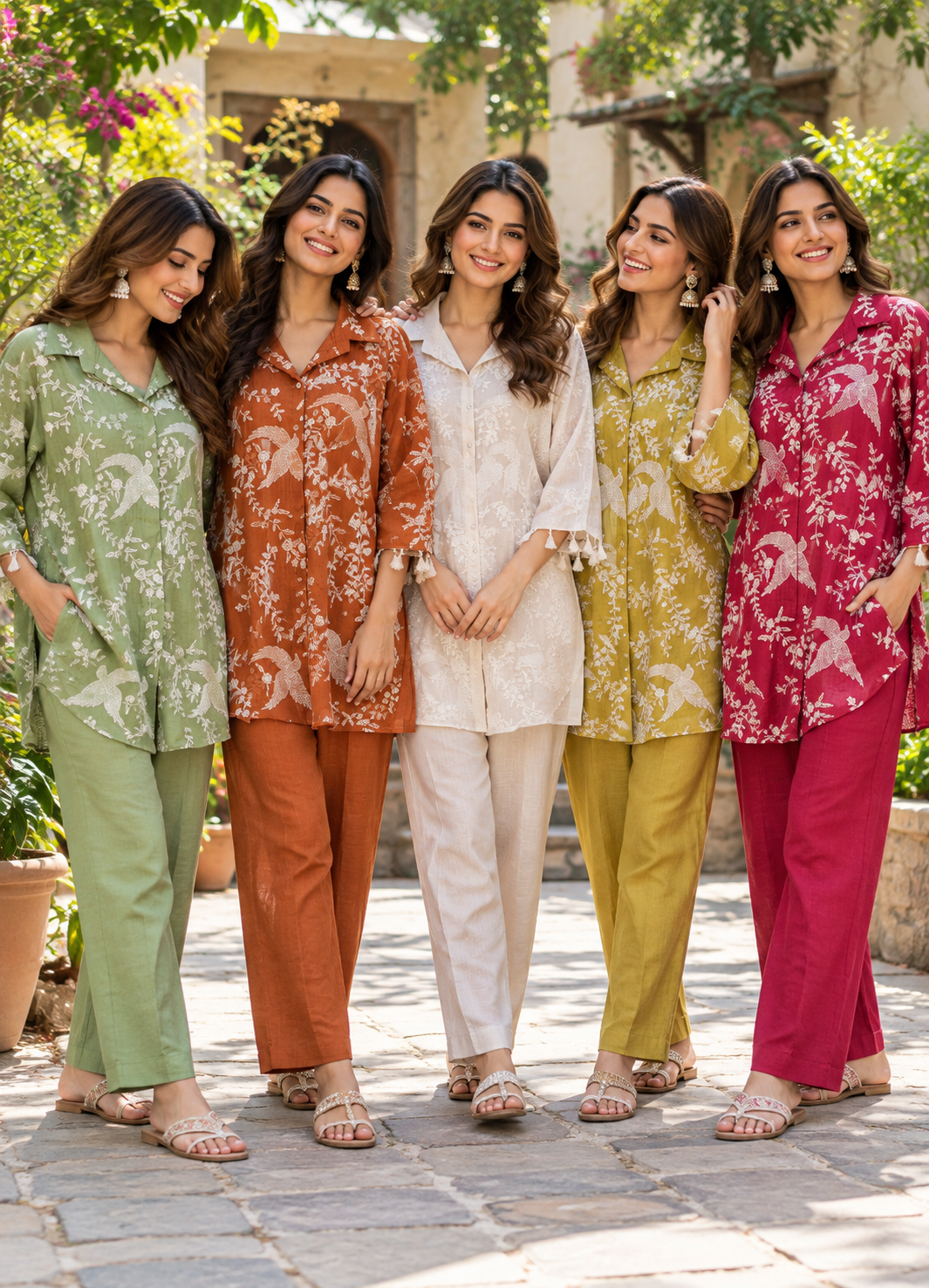Birds With Leaf Vine Embroidered Motifs Thread Dangles Accent Mul-Chanderi Co-Ord Sets- 16630