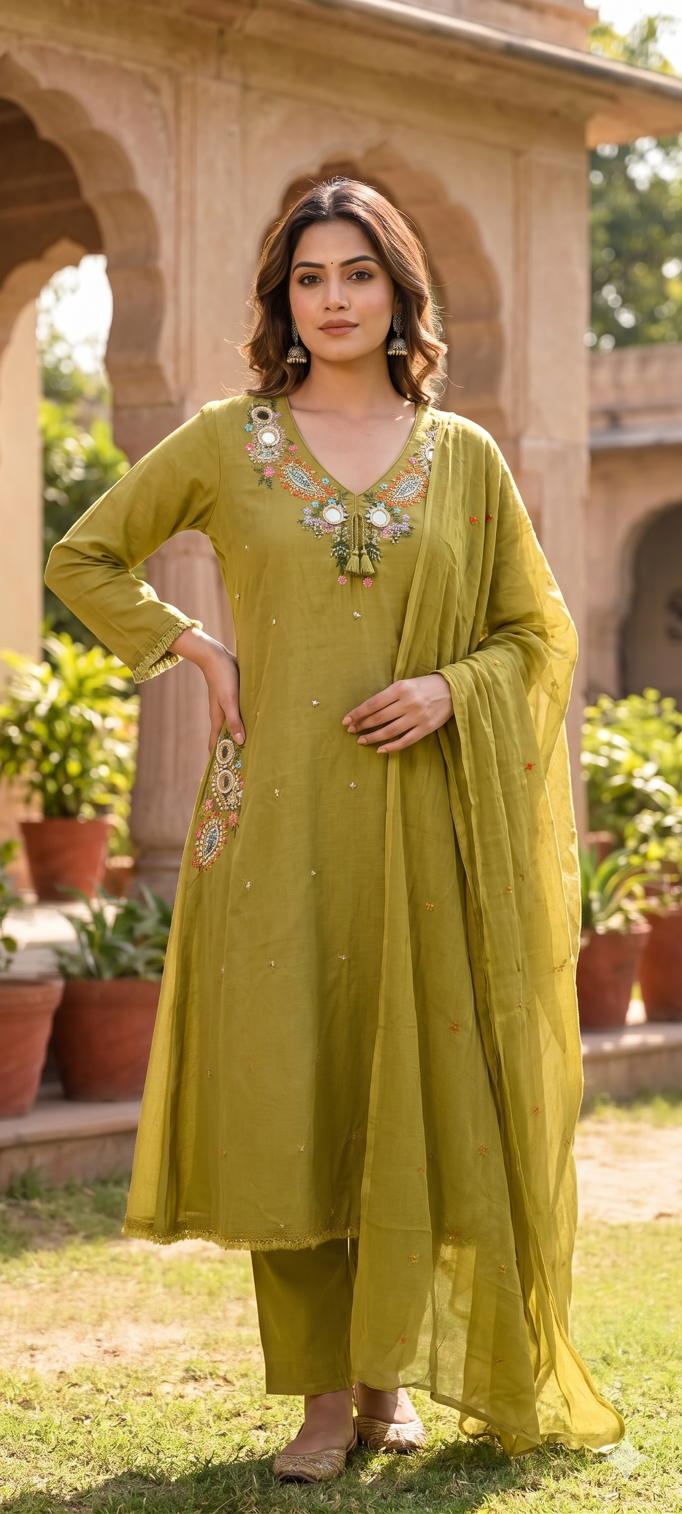 Stylish Mul Cotton A-Line Full Suit Set with Beautiful Mirror Embroidery and Both Side Pockets- 15167