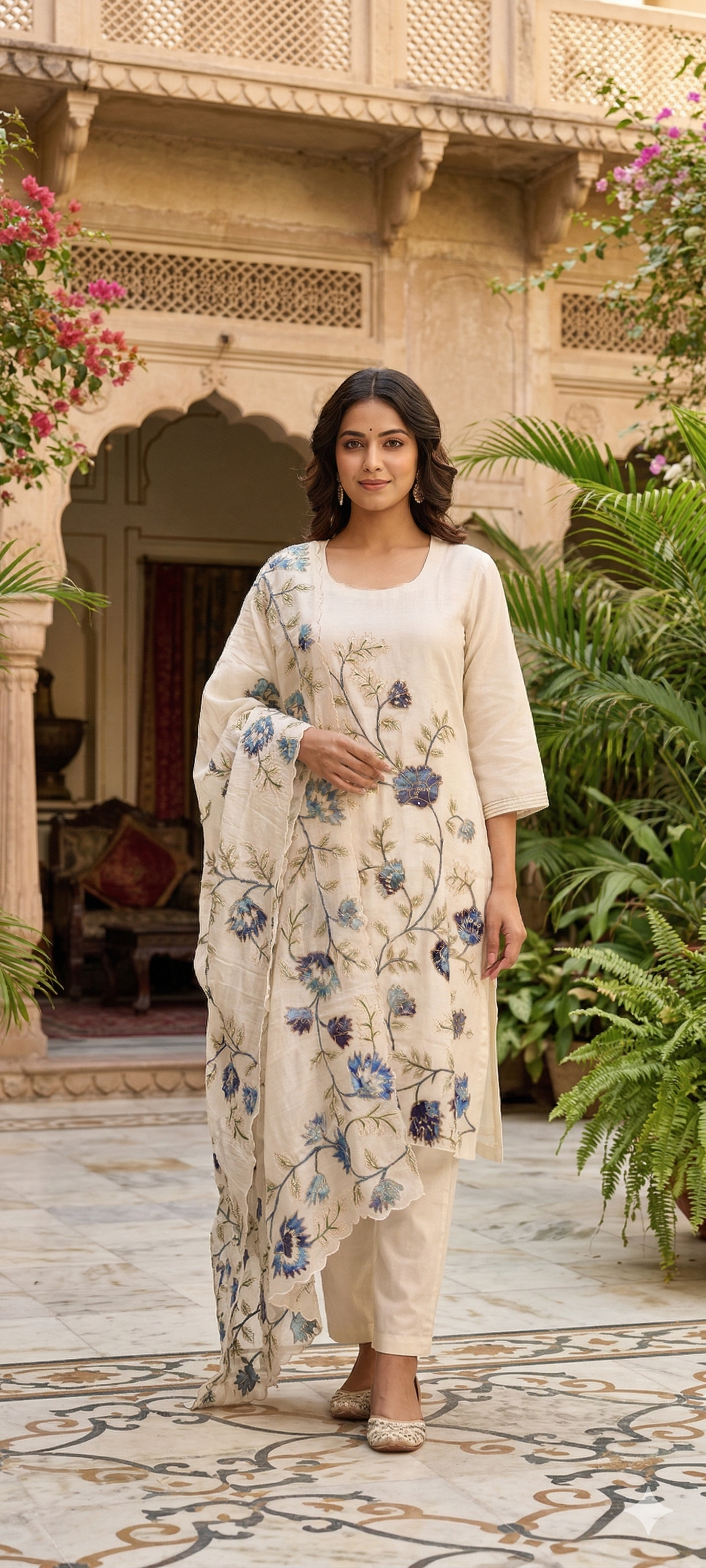 Elegant Soft Mul Chanderi Straight Cut Suit Set with Intricate Floral Embroidery- 14029 RB107