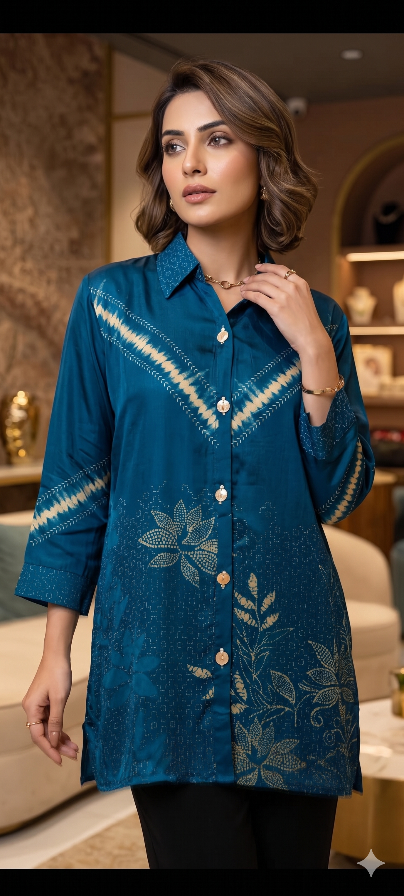 Abstract Vertical Line Floral Print Button Down Crepe Shirt -15111