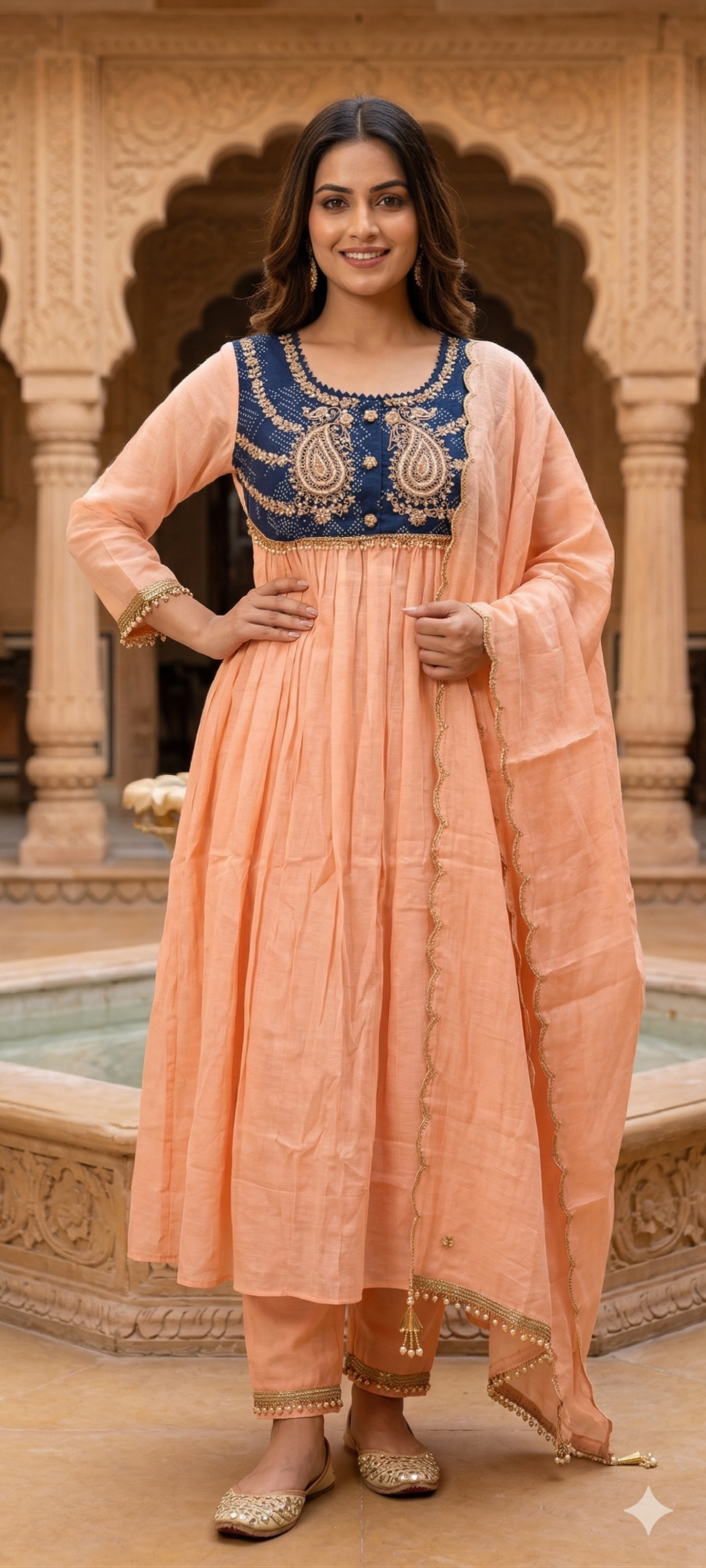 Premium Zardosi Mul Chanderi A-Line Full Suit Set with Heavy Hand-Embroidered Zari & Thread Work Yoke 14026 RB106