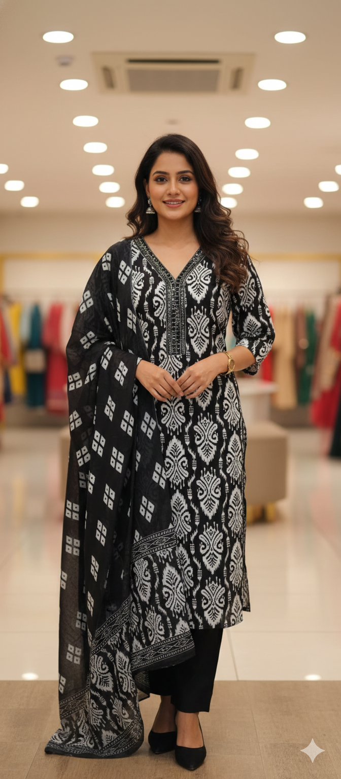 Linear Abstract Print Thread Embroidered Neck Line Cotton Full Suit Set With Dupatta