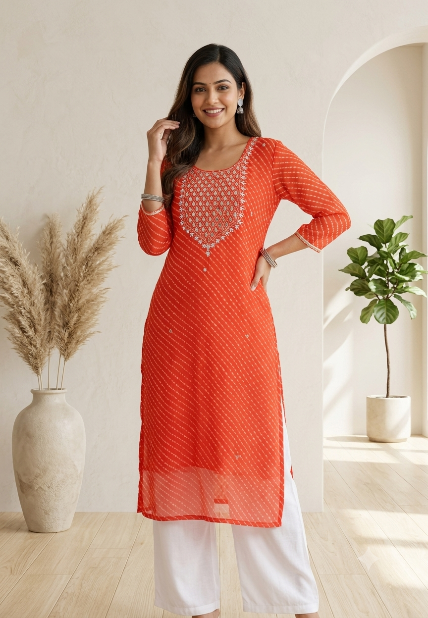 Orange Leheriya Print Kurti with Heavy Embroidered Mirror Work Yoke –15490