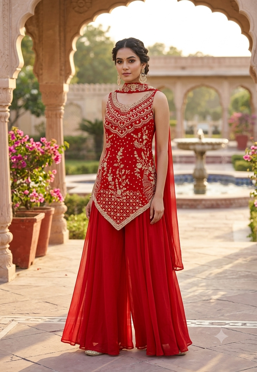 Hand-Embroidered Asymmetric Scalloped Kurta with Flared Palazzo Bottom & Chowker Dupatta Set- 16819