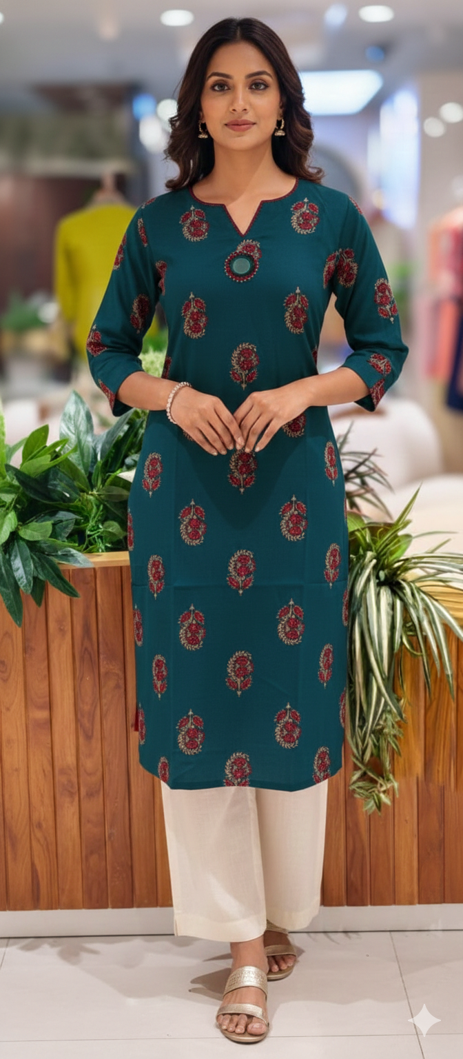 Banjara Bliss Printed V-Notch Neckline Printed A-Line Kurti Only-13523