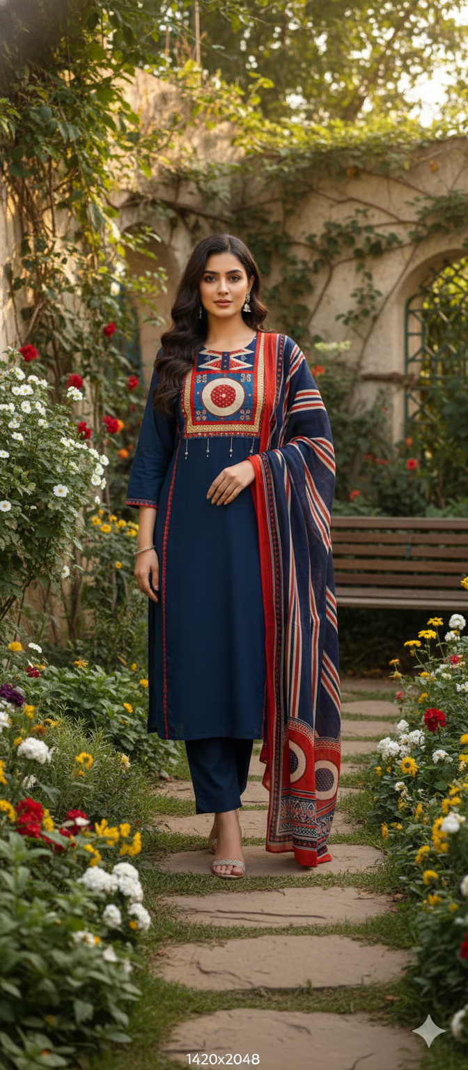 Premium Cotton Kurta Pant Dupatta Set with Traditional Geometric Print Yoke, Contrast Borders, Elegant Straight Silhouette & Printed Dupatta-13402