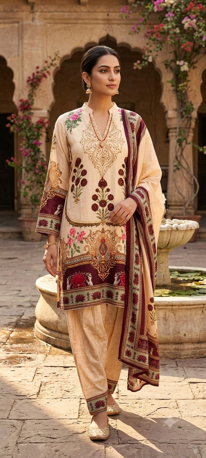 Lotus Inspired Lawn Bold Print Crepe Farshi Salwar Full Suit Set With Dupatta- 15511