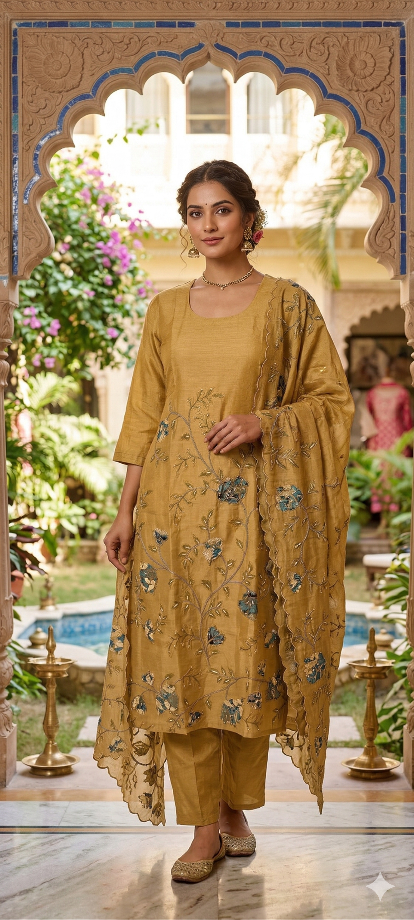 Elegant Soft Mul Chanderi Straight Cut Suit Set with Intricate Floral Embroidery- 14029 RB107