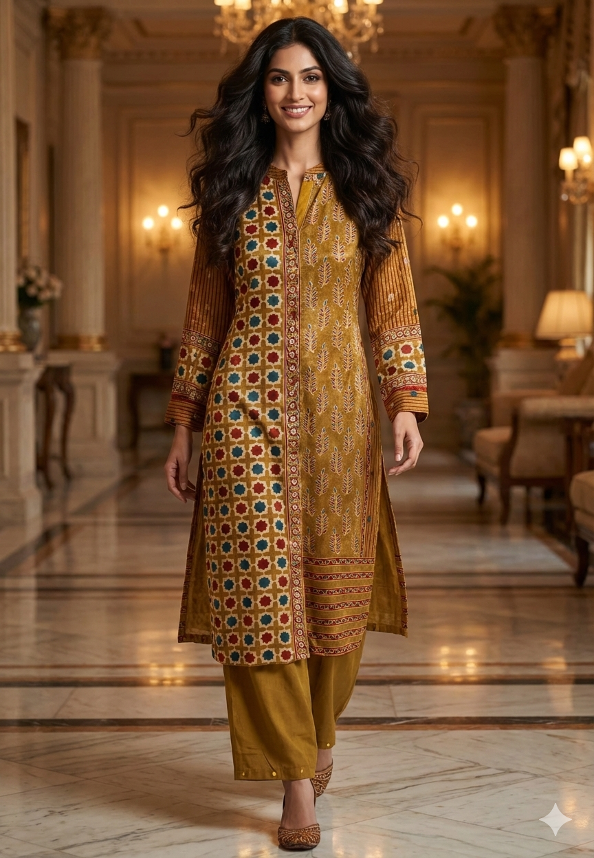 Multi Printed Mandarin Collar Long Straight Kurta With Matching Bottom In Crepe Fabric- 13124