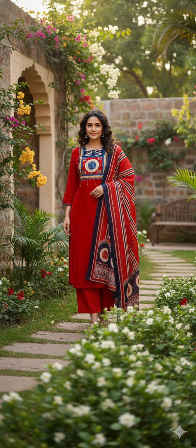Premium Cotton Kurta Pant Dupatta Set with Traditional Geometric Print Yoke, Contrast Borders, Elegant Straight Silhouette & Printed Dupatta-13402