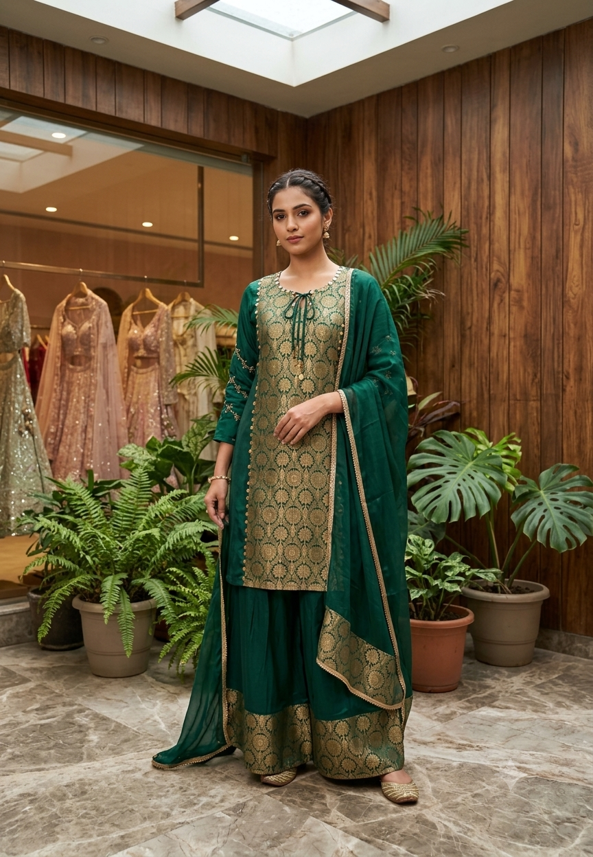 Designer Crepe Fabric Full Suit Set with Gold Brocade Yoke Panel and Traditional Palazzo Bottom Weaves- 16662