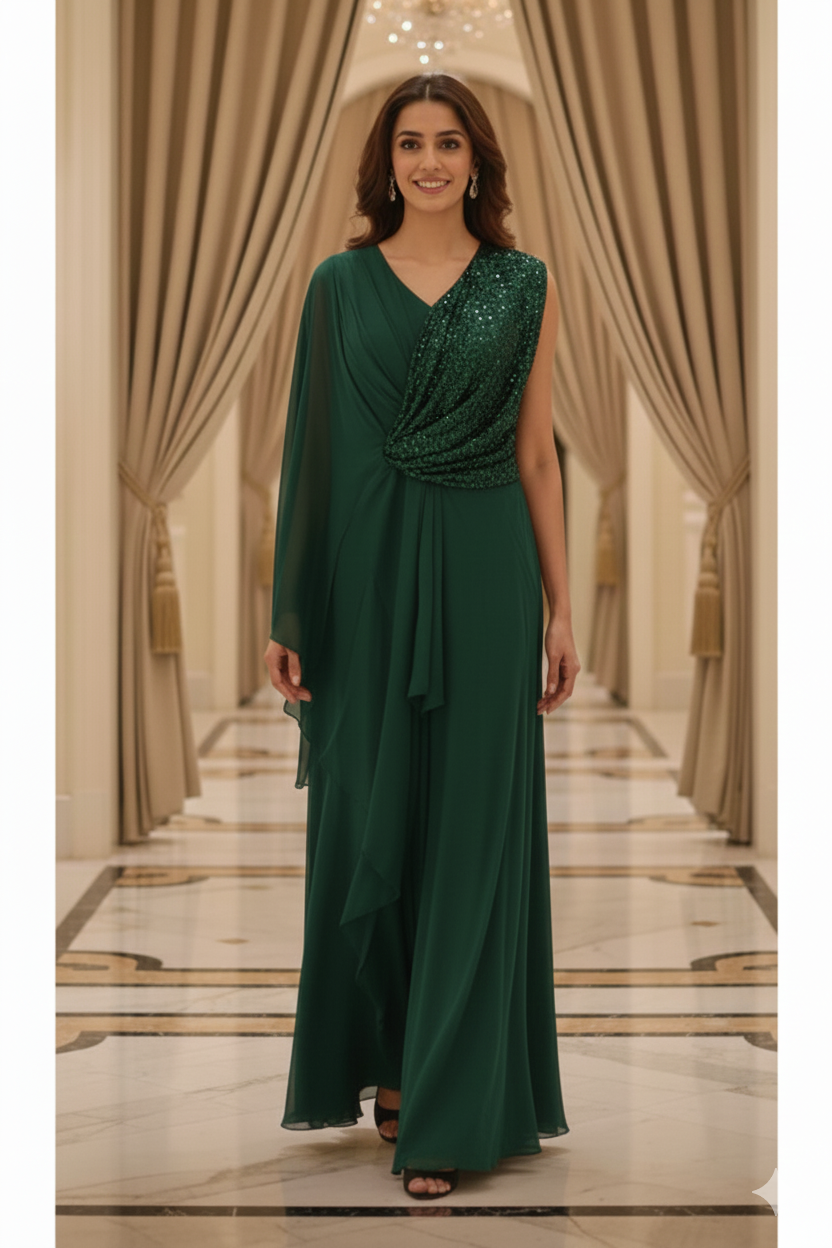 Cowl Style Sequin Ruffled Double Layer Solid Gown In Chinon Fabric (Separate Sleeve Inside)- 12413