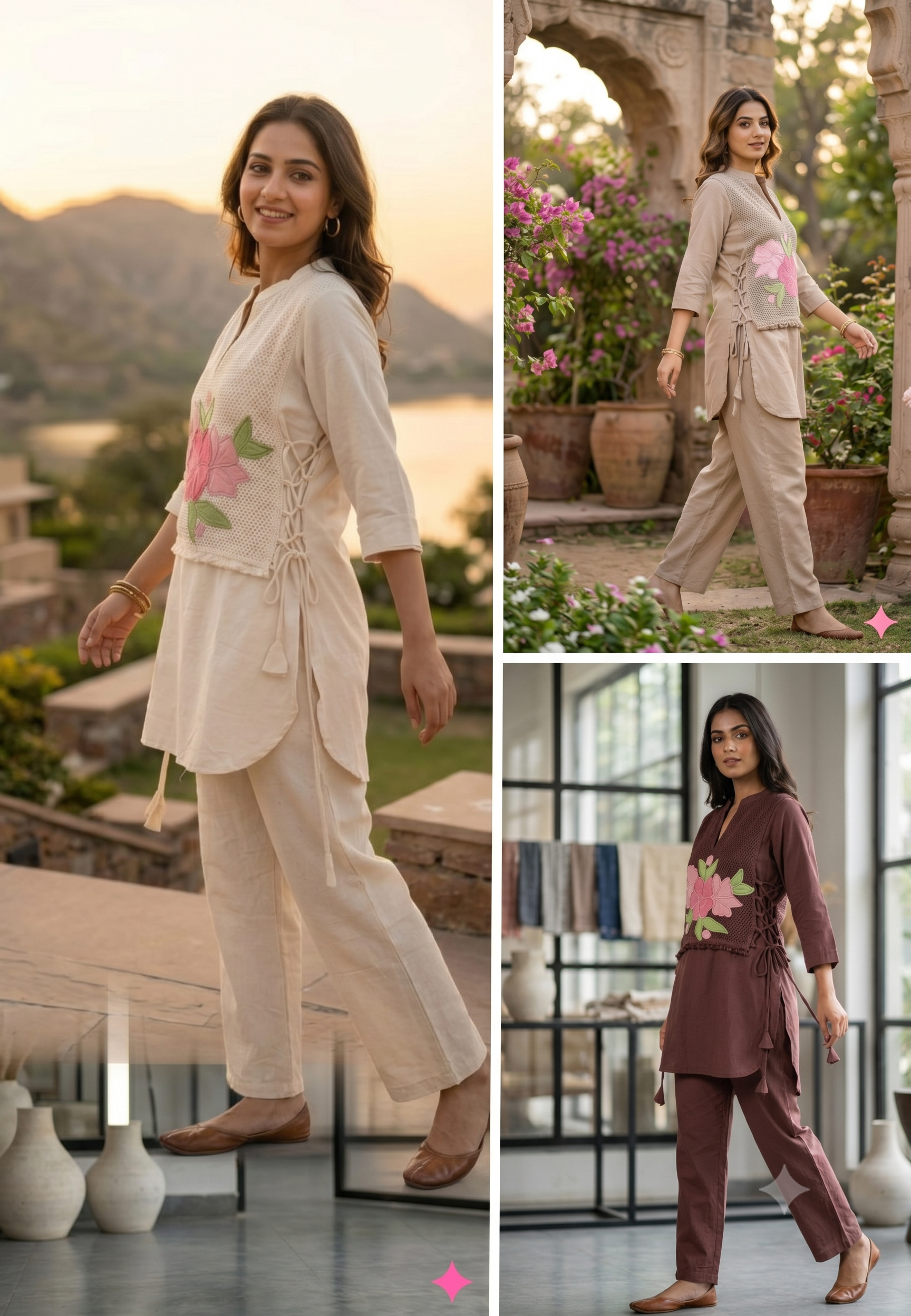 Floral Applique Co-ords Set with Jute Cotton Textured Overlay- 14962