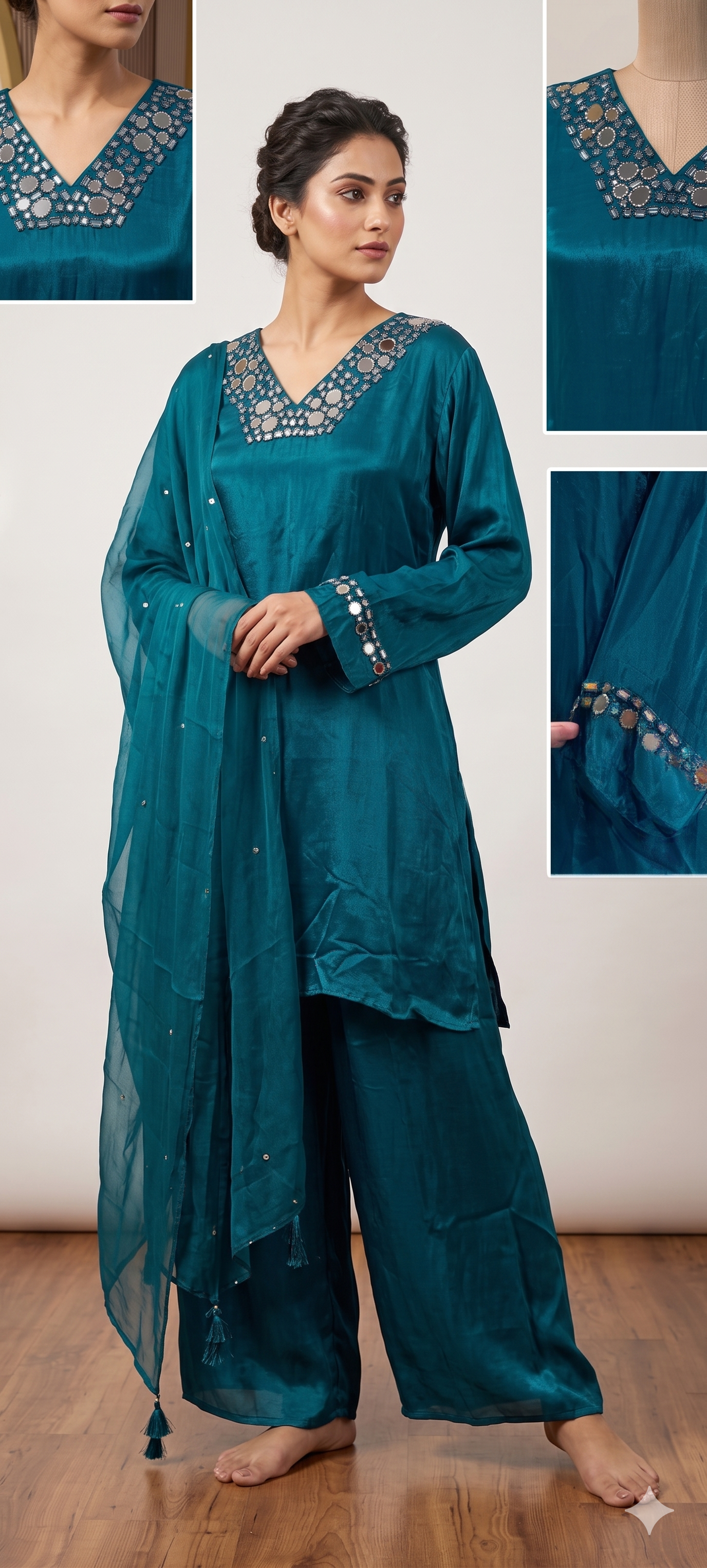 Premium Crepe Real Mirror Motifs Flowy Short Length Kurta With Palazzo Bottom & Dupatta- 13969